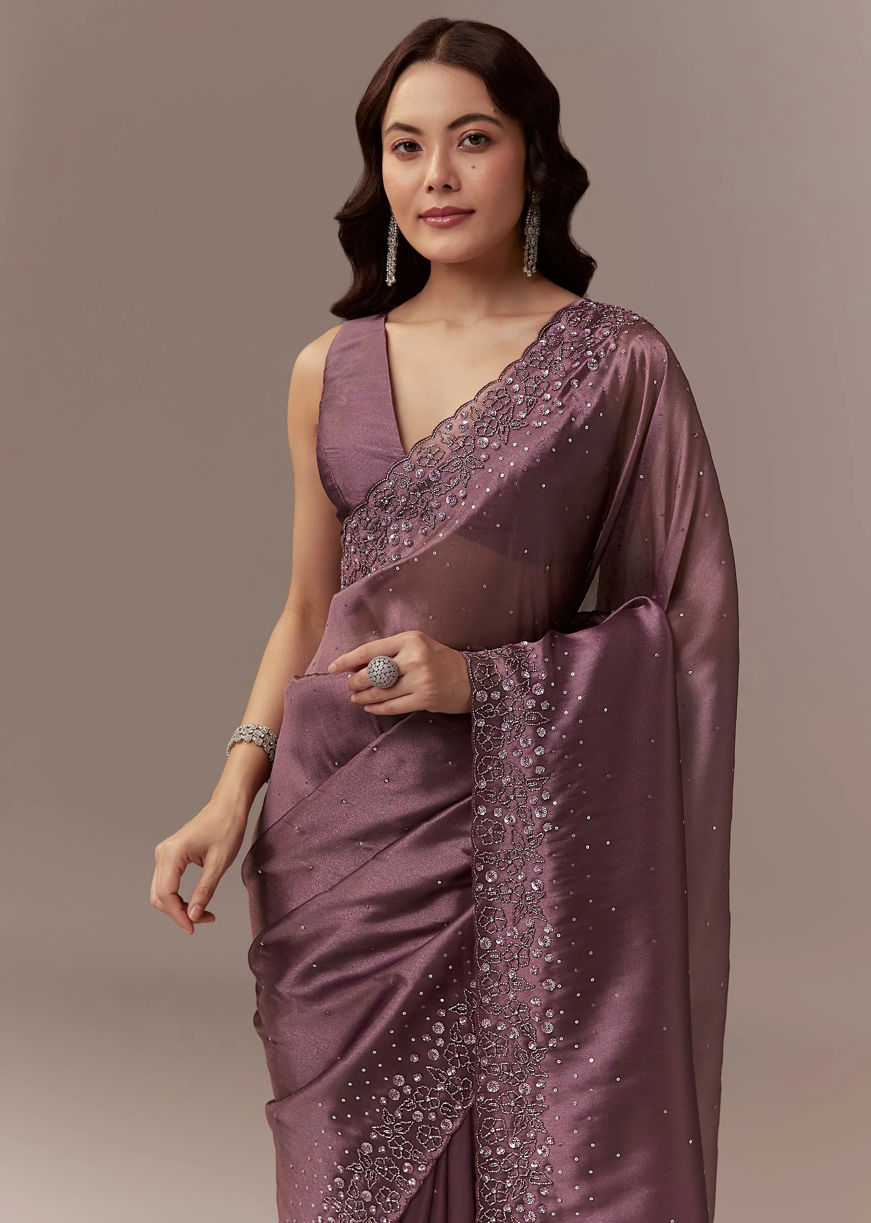 Wine Tissue Saree With Cutdana And Sequin Embroidery - Image 5