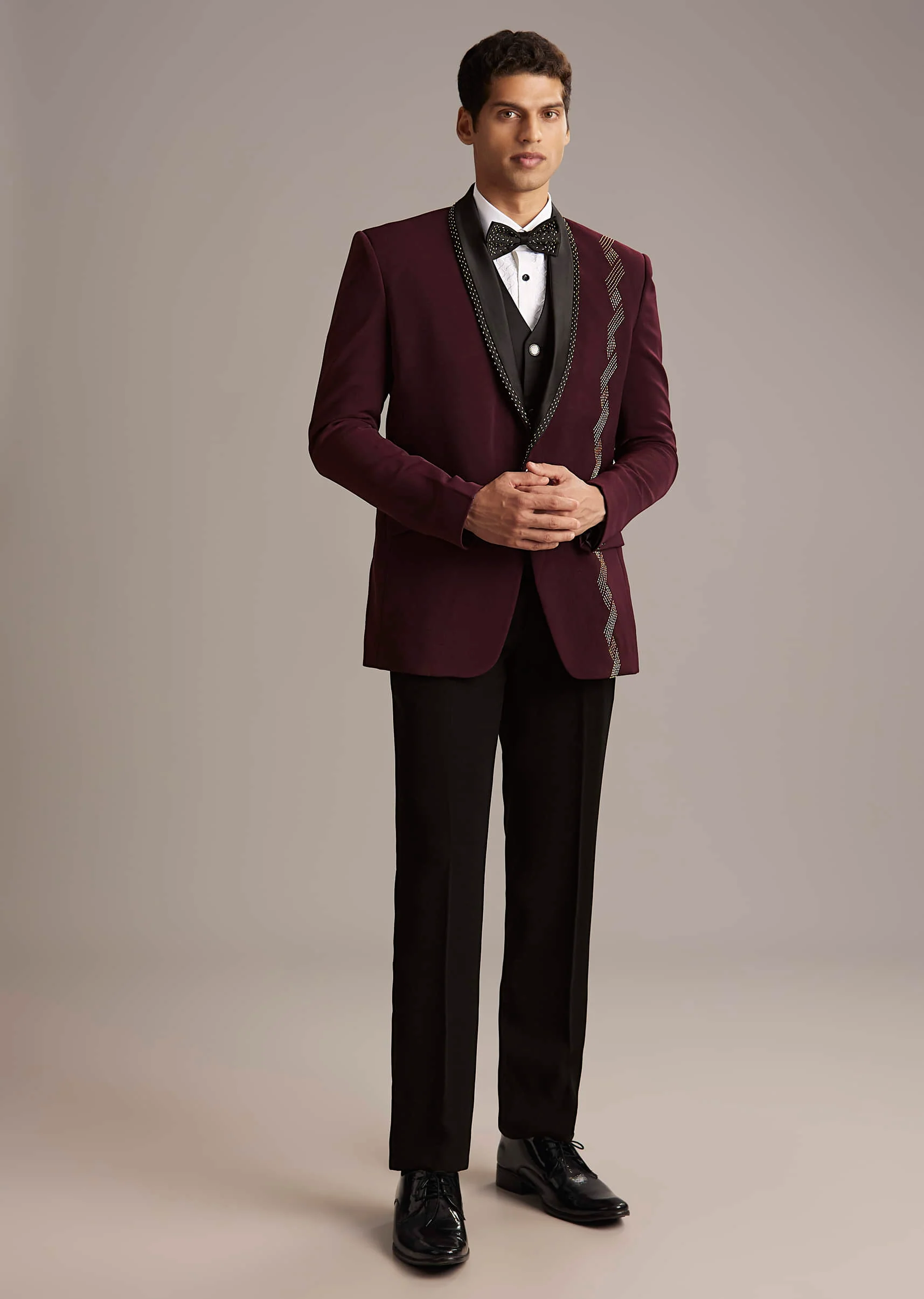 Wine Tuxedo For Men With Cutdana Embroidery - Image 3