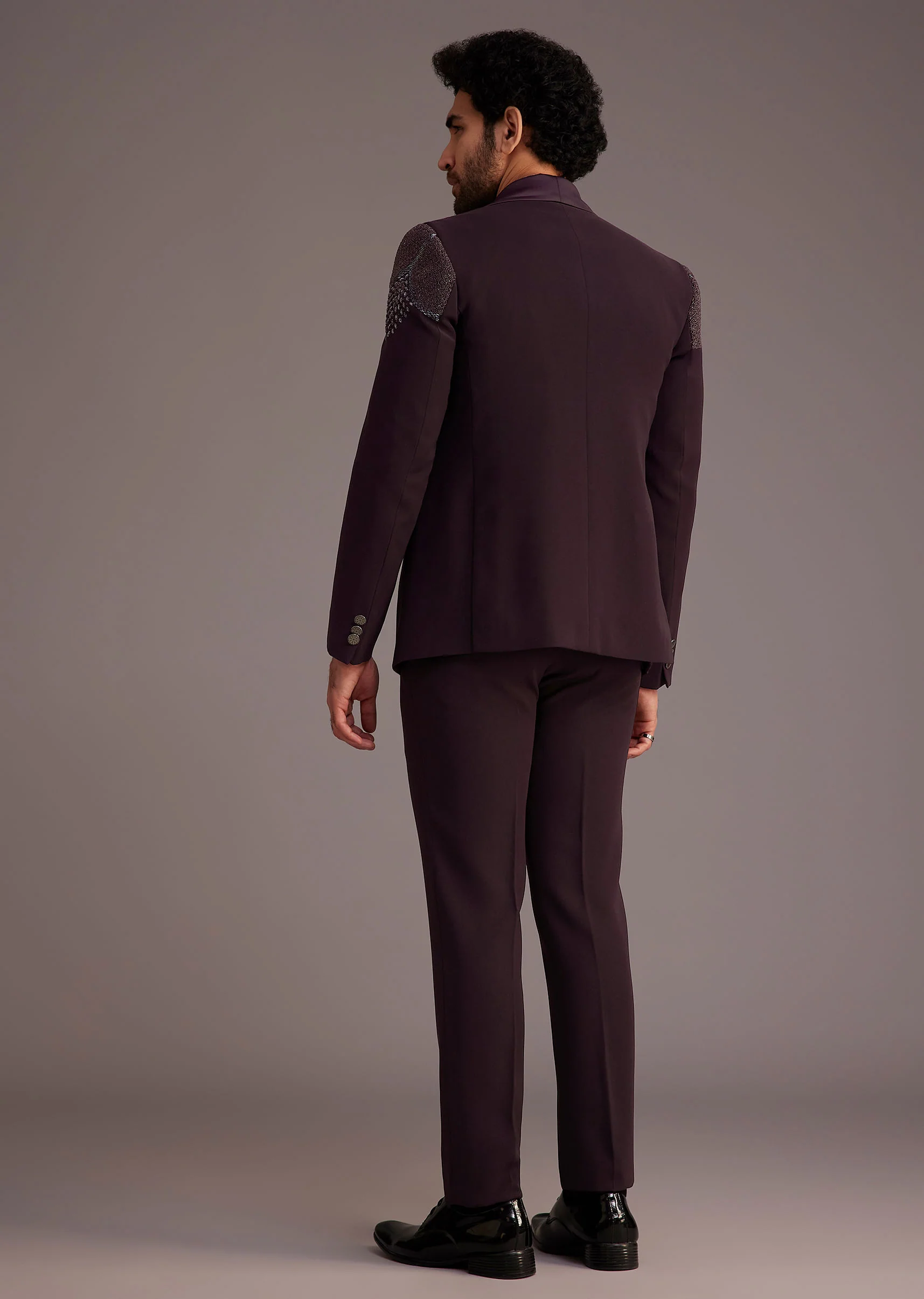 Wine Tuxedo With Beaded Detailing And Satin Peak Lapel - Image 5