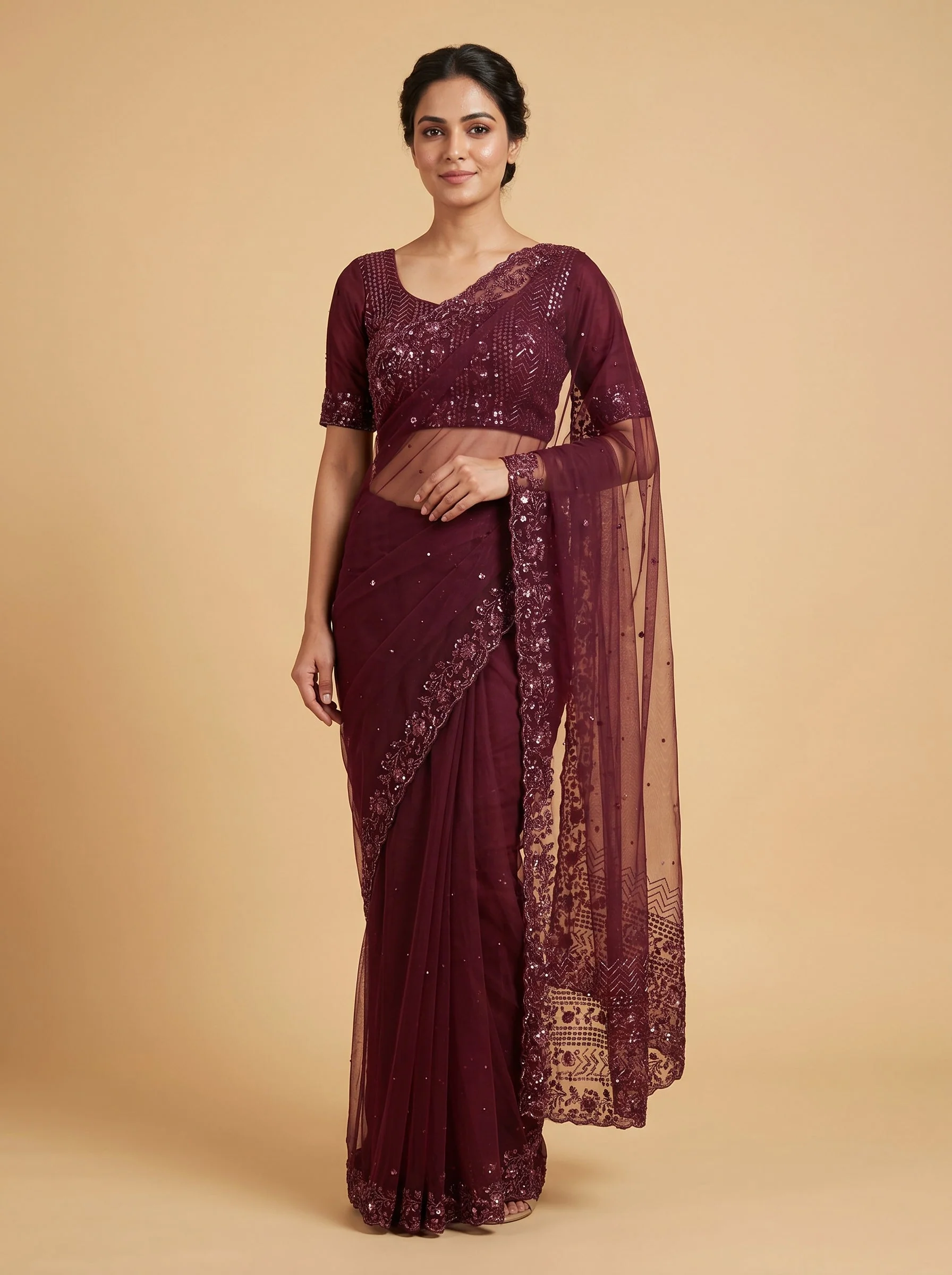 Wine Velvet Depth Embroidered Saree