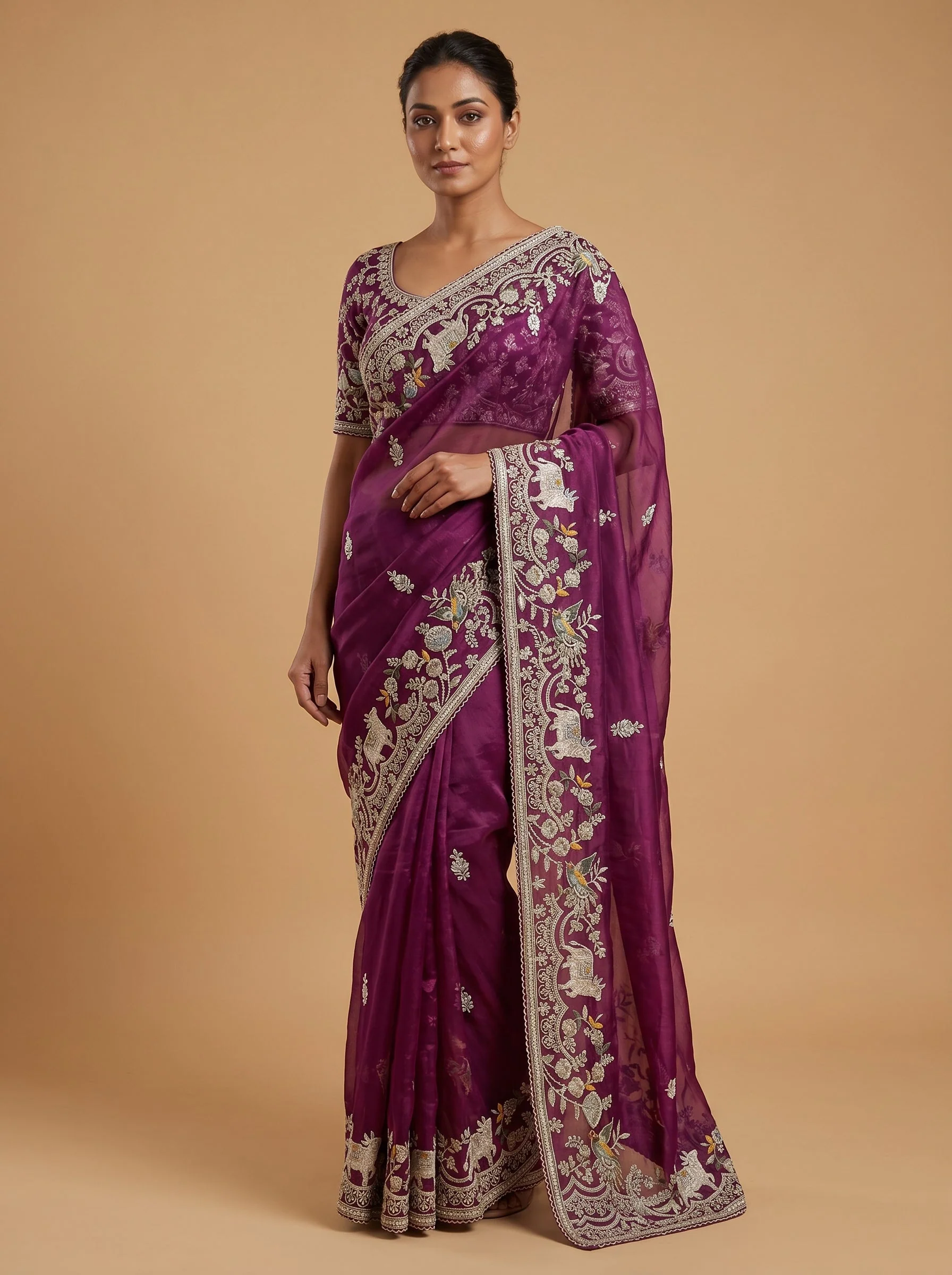 Wine Velvet Glow Embroidered Saree