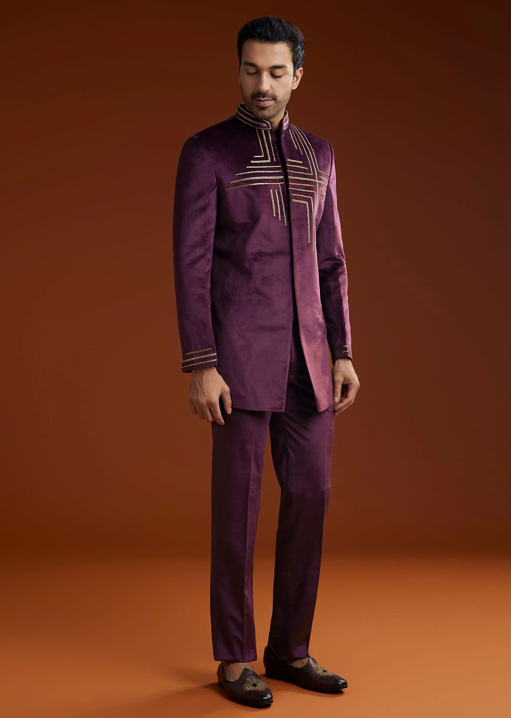 Wine Velvet Jodhpuri Kurta Trouser Set With Zari Embroidery - Image 2
