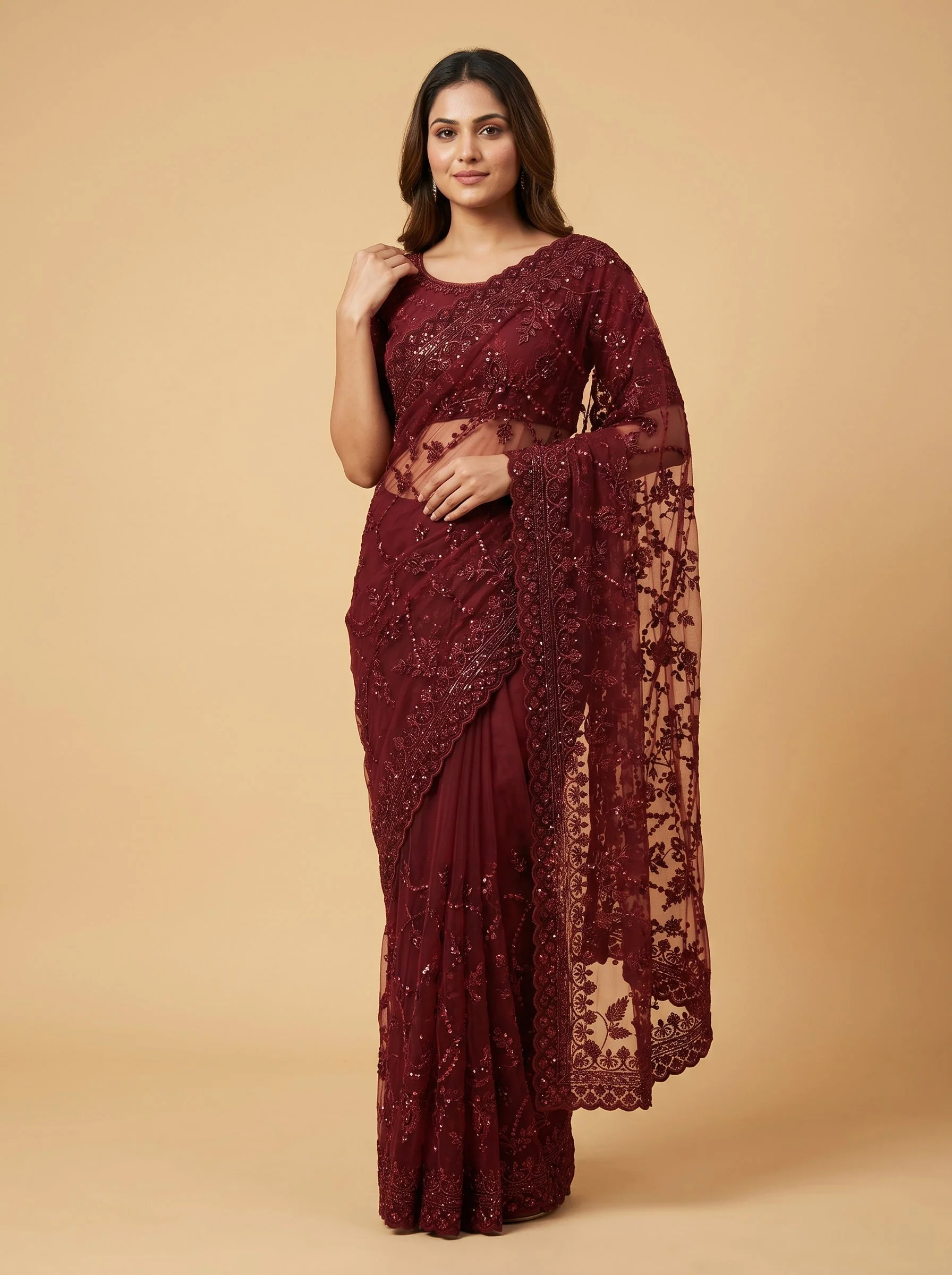 Wine Velvet Radiance Saree