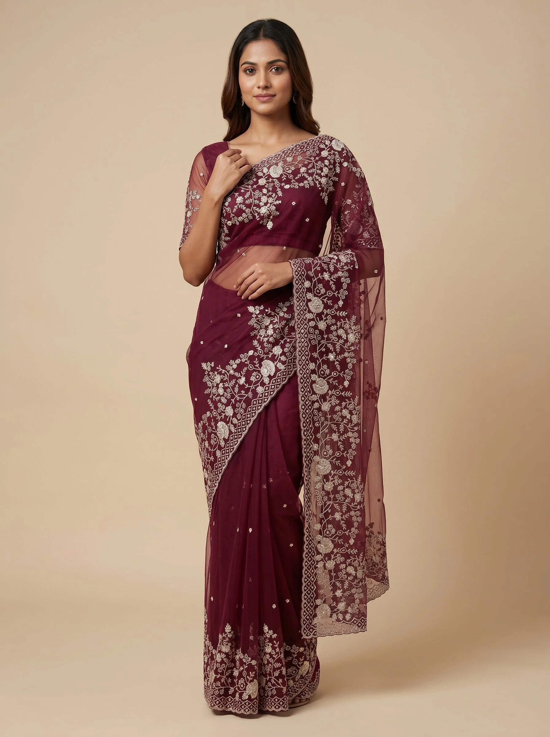 Wine Vintage Glow Embroidered Saree