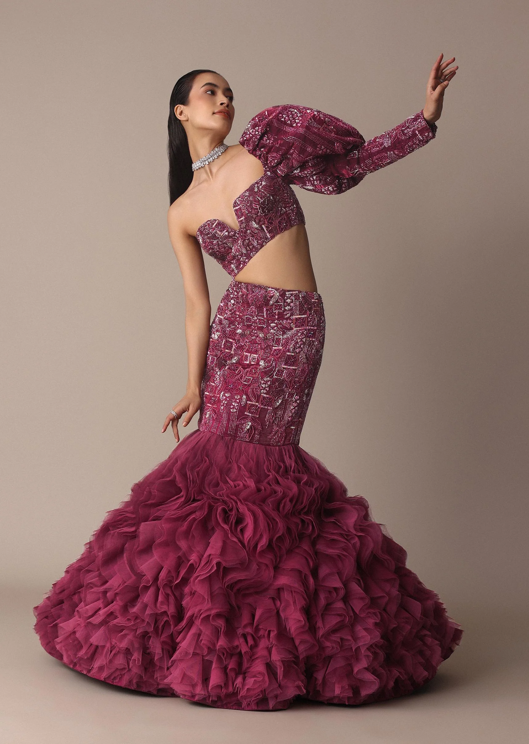 Wine Fish Cut One Shoulder Gown With 3D Organza Frills - Image 5