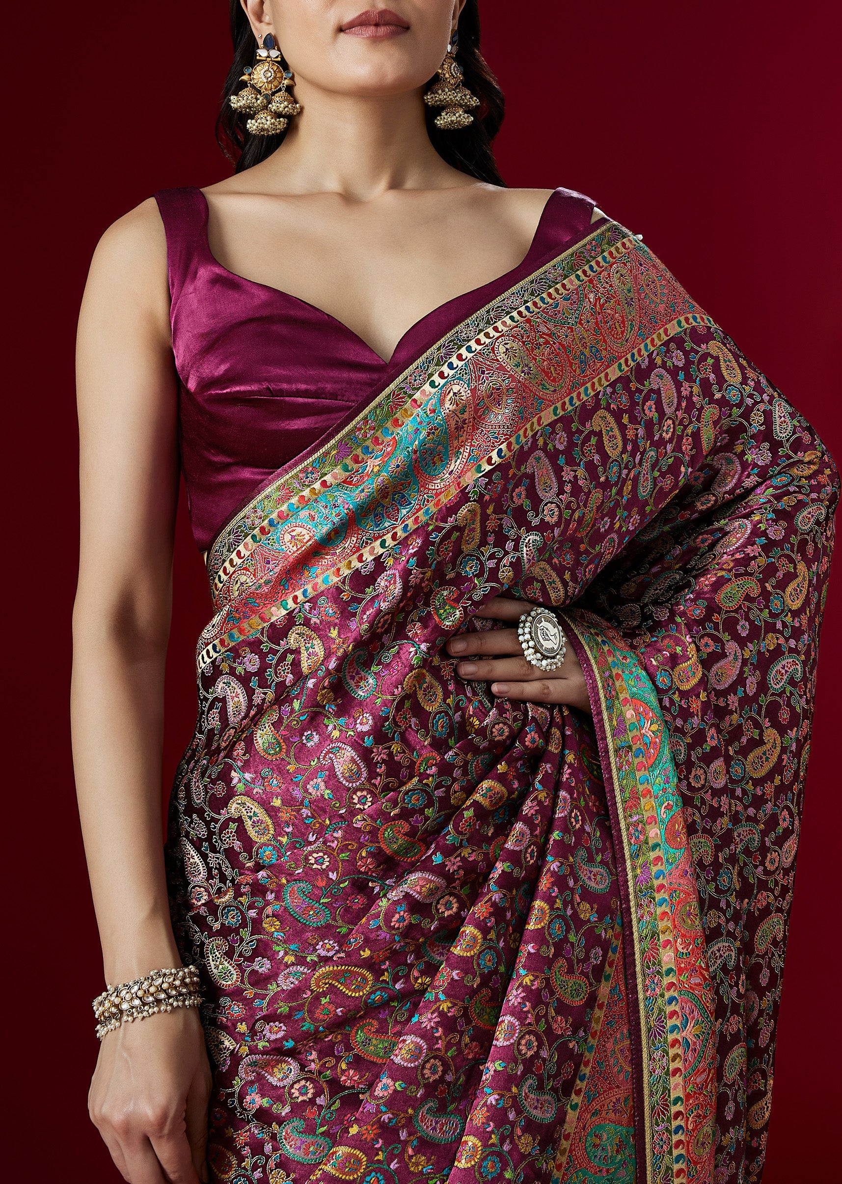 Wine Woven Satin Saree With Traditional Motifs - Image 2