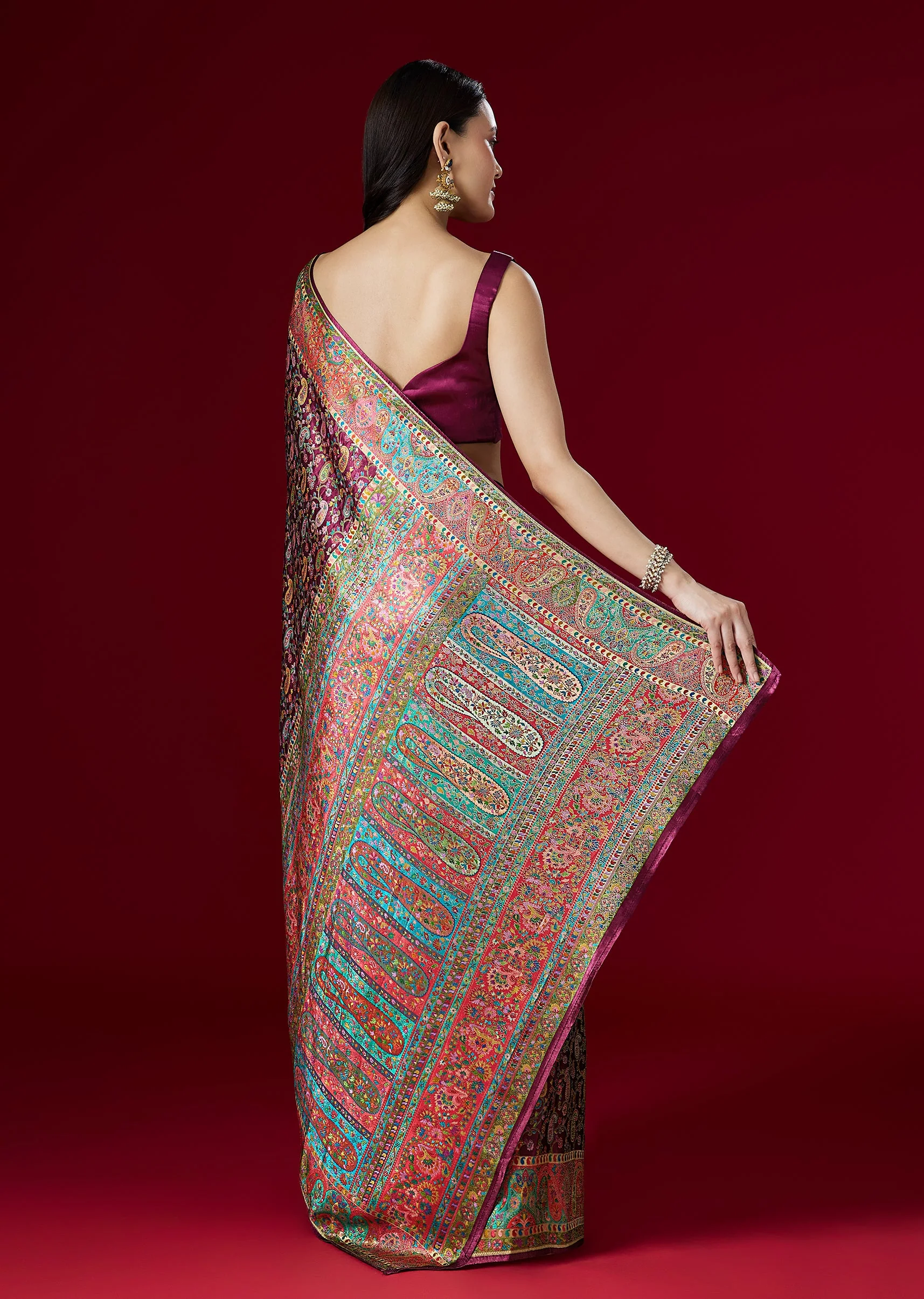 Wine Woven Satin Saree With Traditional Motifs - Image 4