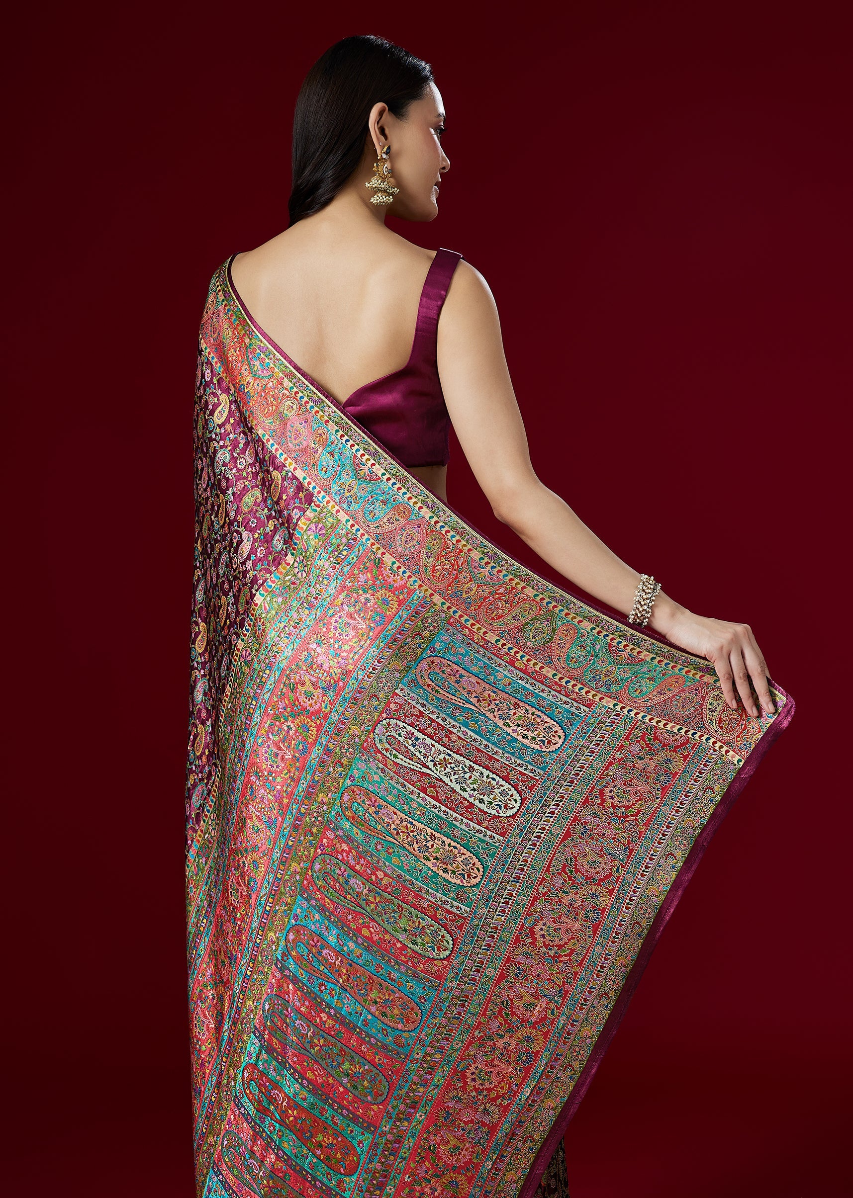 Wine Woven Satin Saree With Traditional Motifs - Image 6