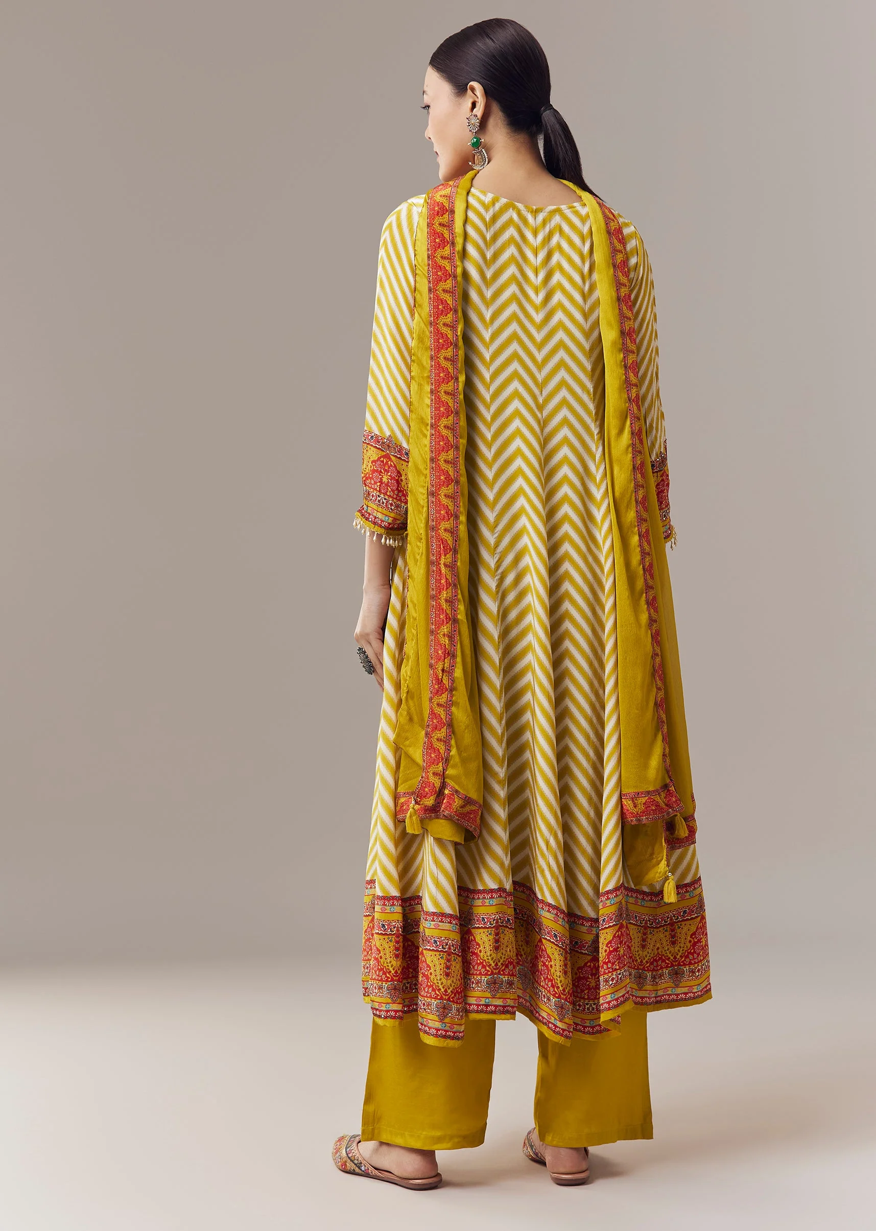 Yellow Anarkali Suit In Chevron Print With Mirror Moti And Stone Work And Dupatta - Image 5
