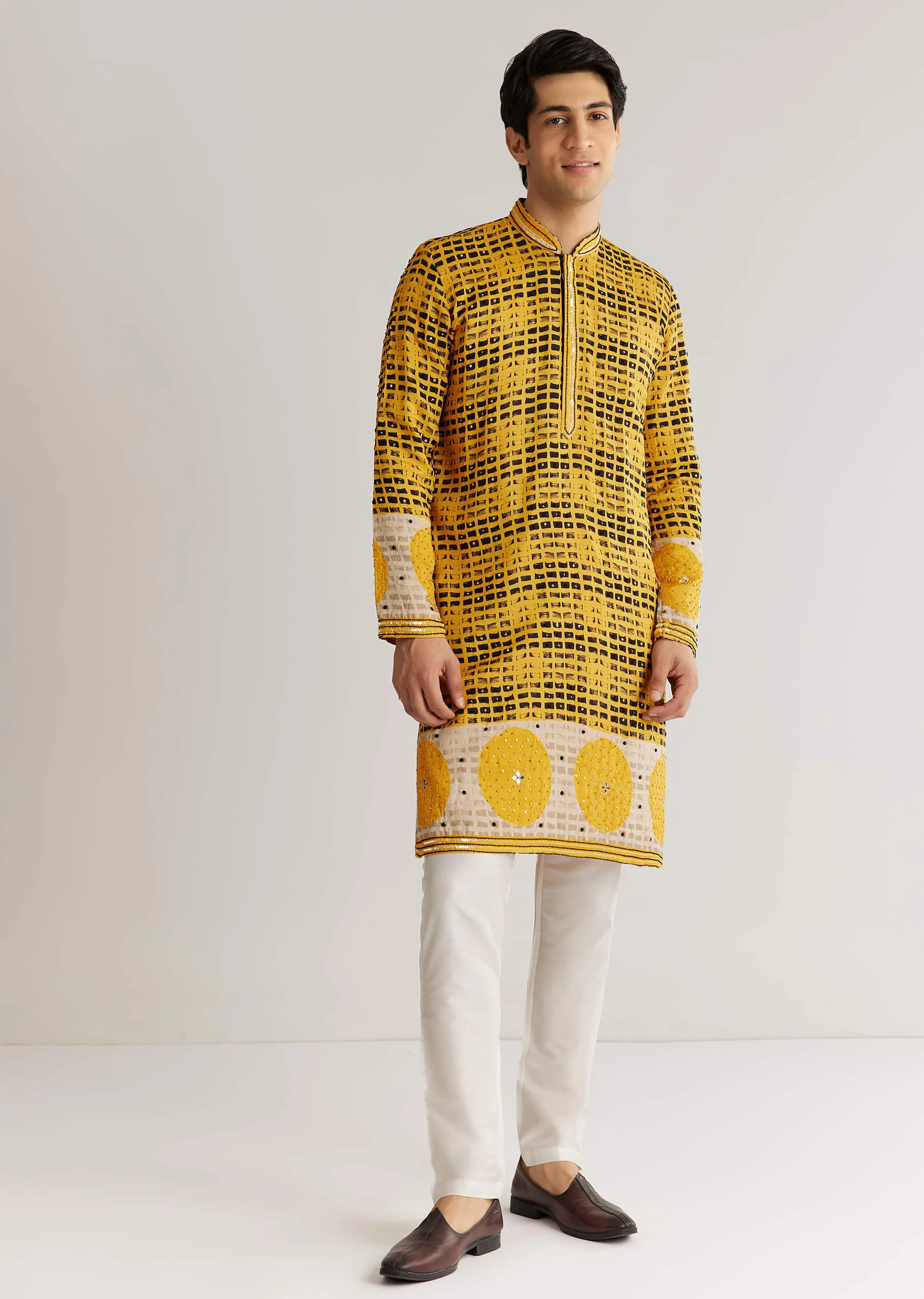 Yellow And Black Silk Resham Printed Kurta Set - Image 2