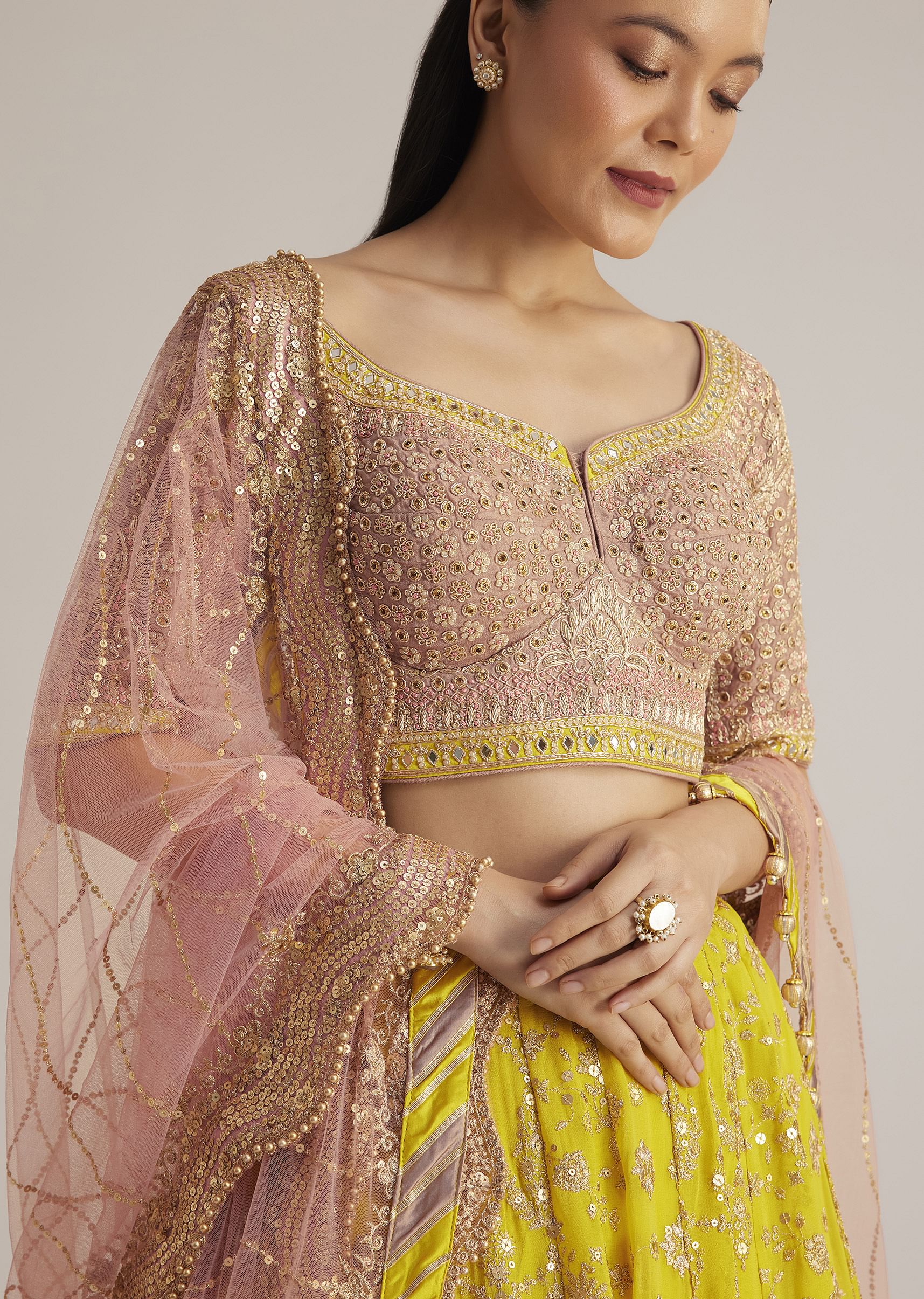 Yellow and Mauve Embroidered Lehenga Set With Net Dupatta - Image 3