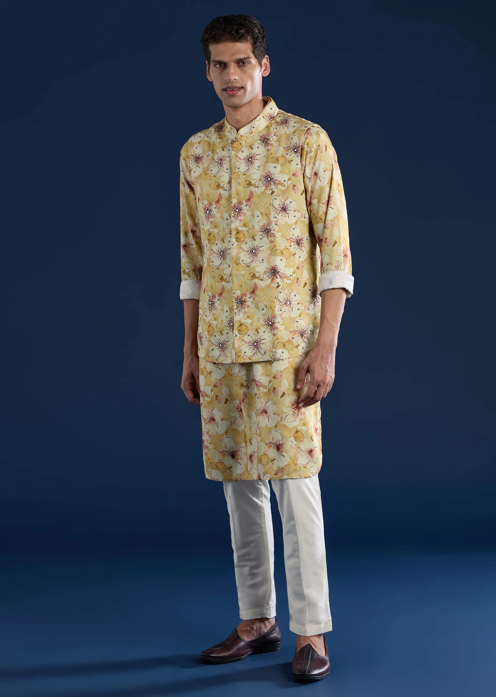 Yellow Banarasi Silk Jacket Kurta Set