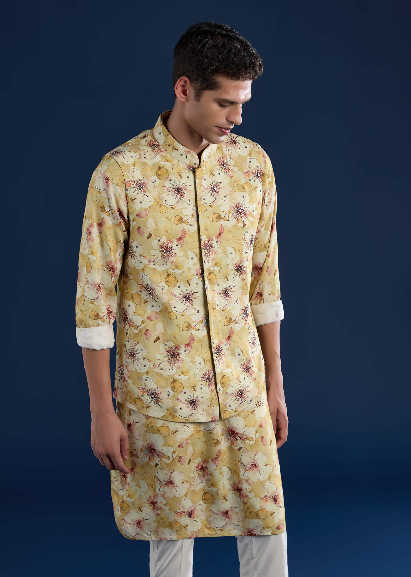 Yellow Banarasi Silk Jacket Kurta Set - Image 4