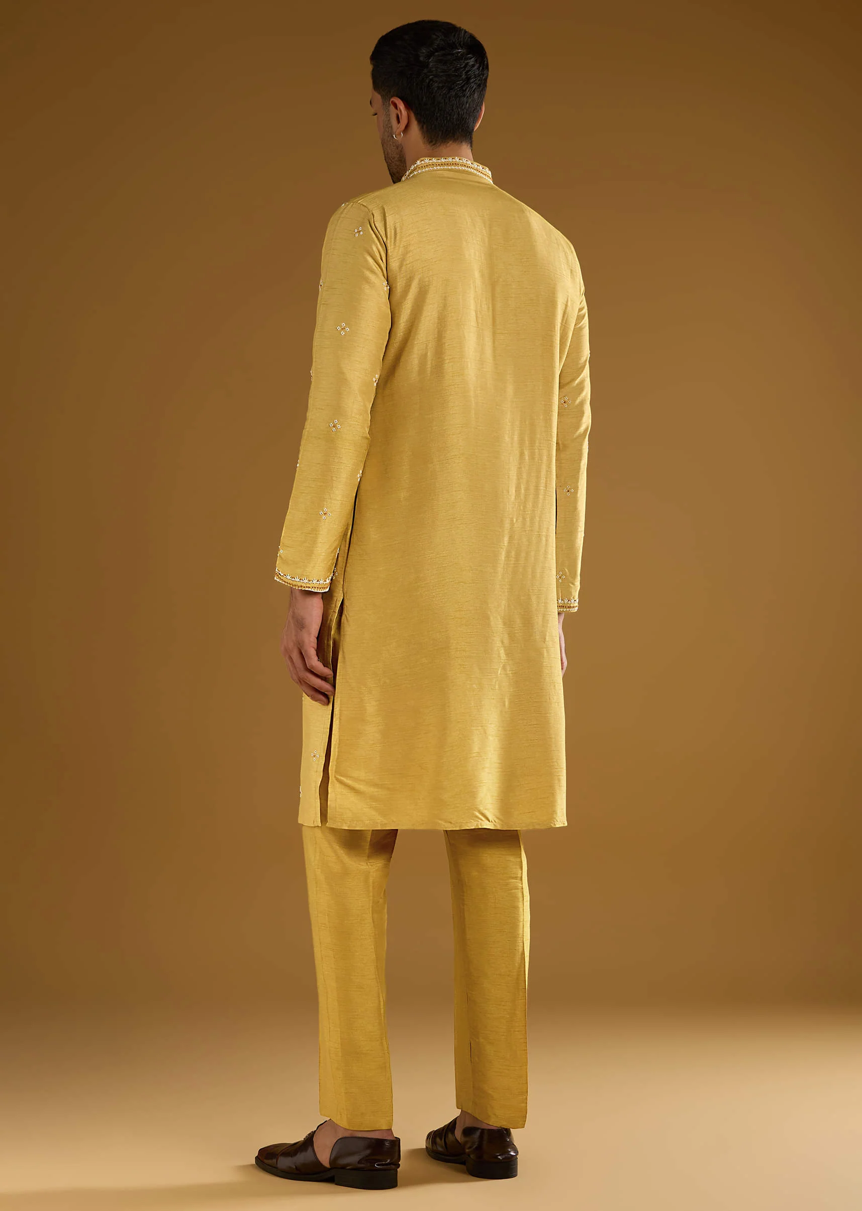 Yellow Banarasi Silk Kurta Set For Men With Resham Work - Image 5