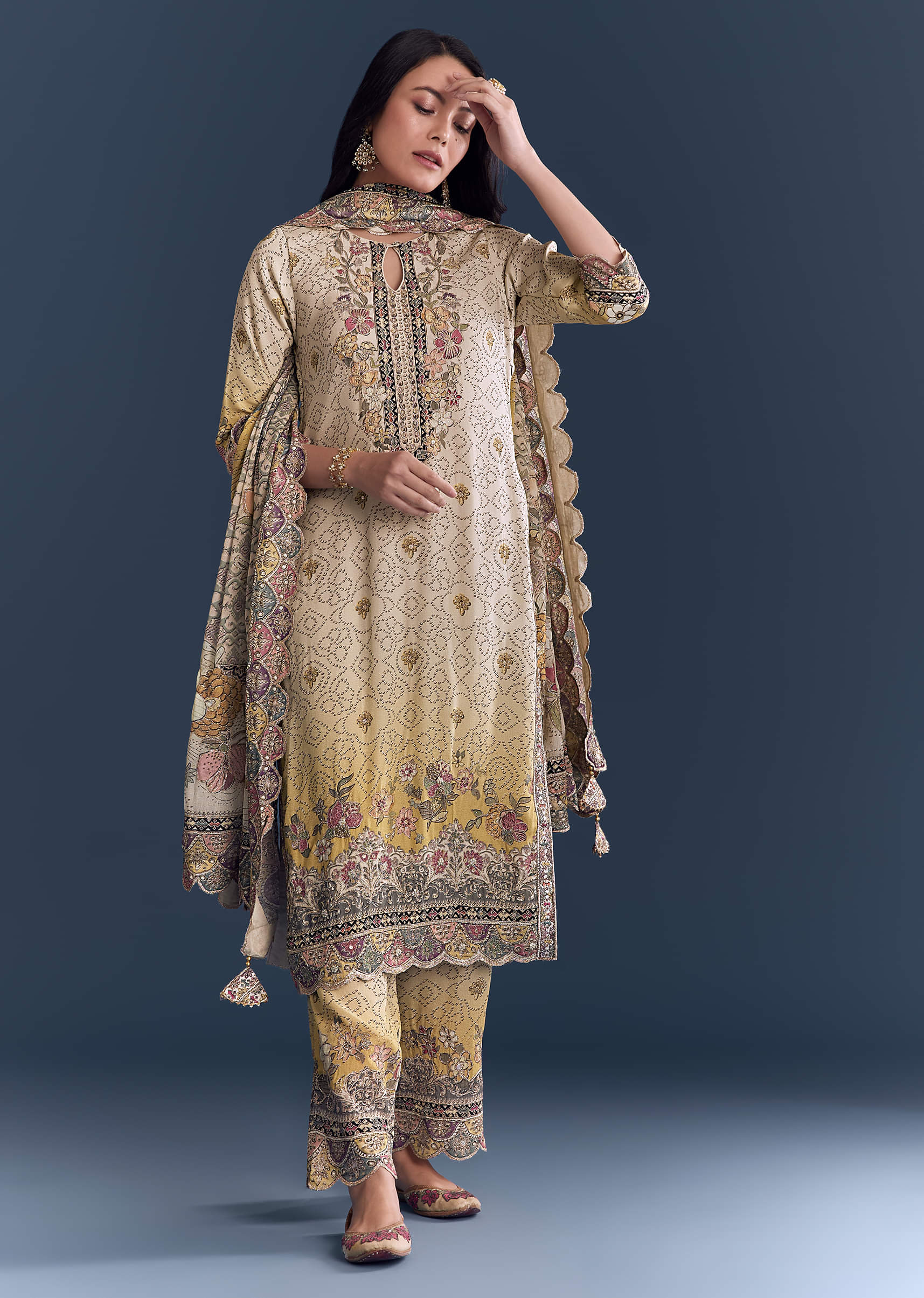 Yellow Beige Ombre Crepe Kurta Set With Floral Print - Image 3