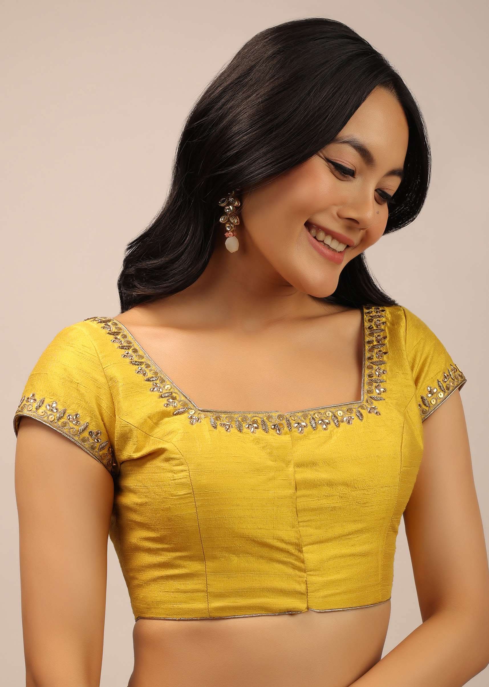 Yellow Blouse With Sequins, Stone And zardosi Work On The Neckline - Image 3