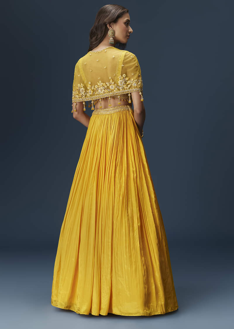 Yellow Bridesmaid Lehenga With Sleeveless Blouse And Draped Cape - Image 3