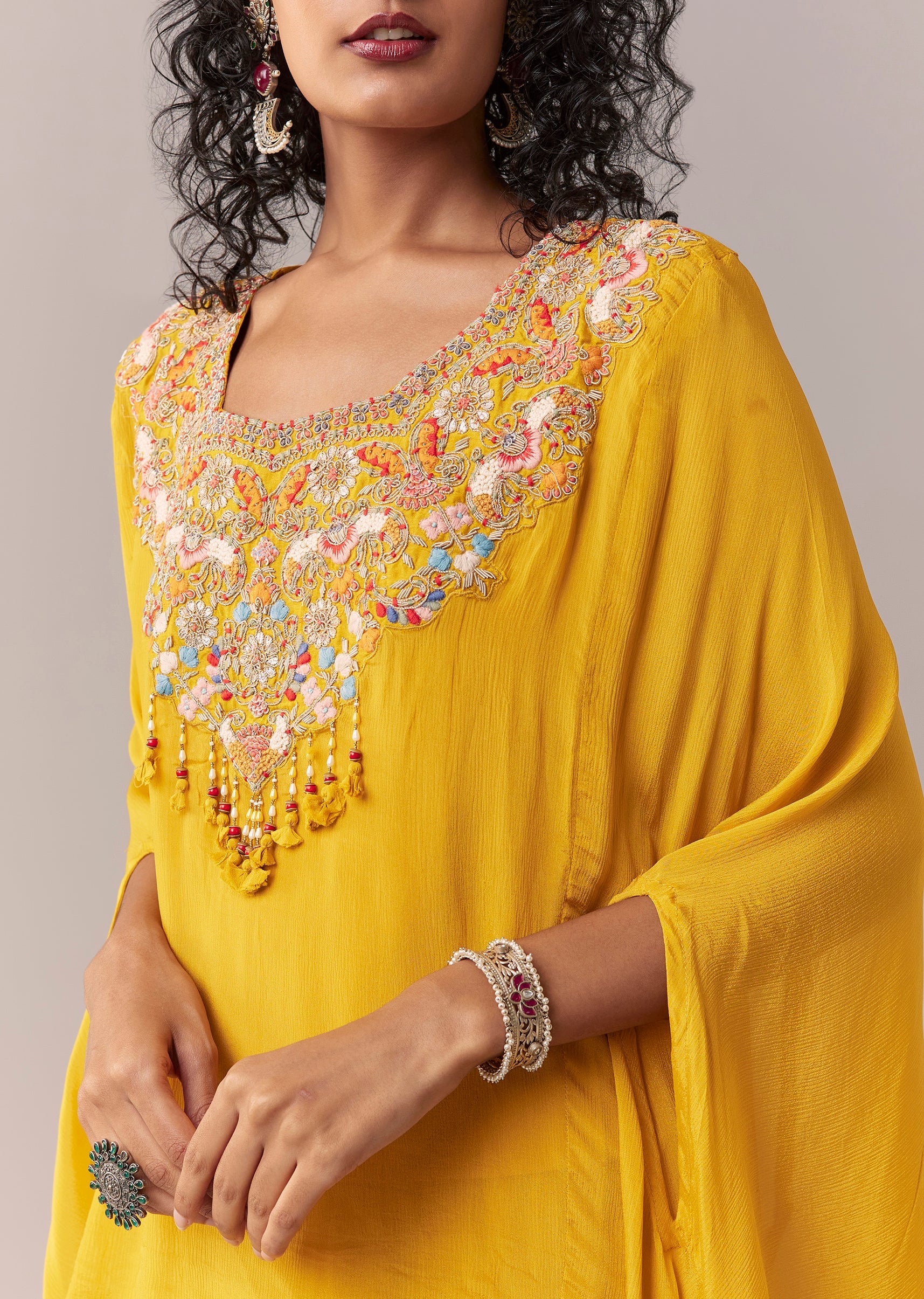 Yellow Cape Style Sharara Set With Thread And Zardosi Work - Image 2