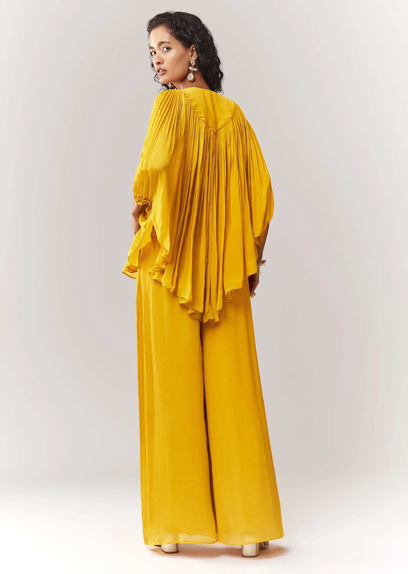 Yellow Cape Style Top Set With Thread And Zardosi Work - Image 5