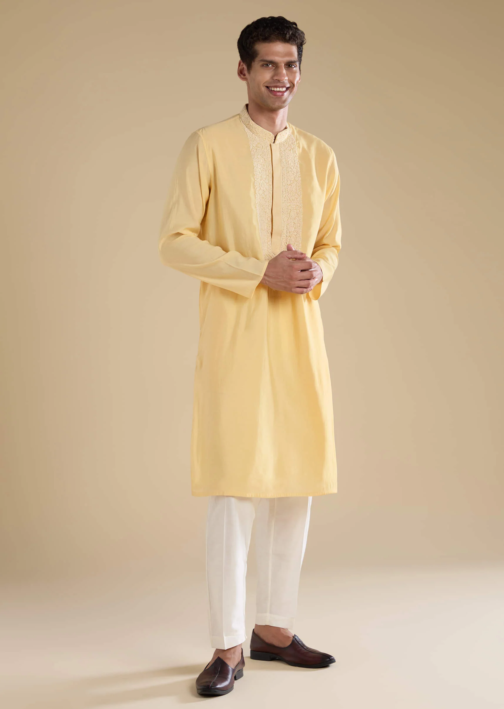 Yellow Chanderi Kashmiri Hand Work Kurta Set - Image 4