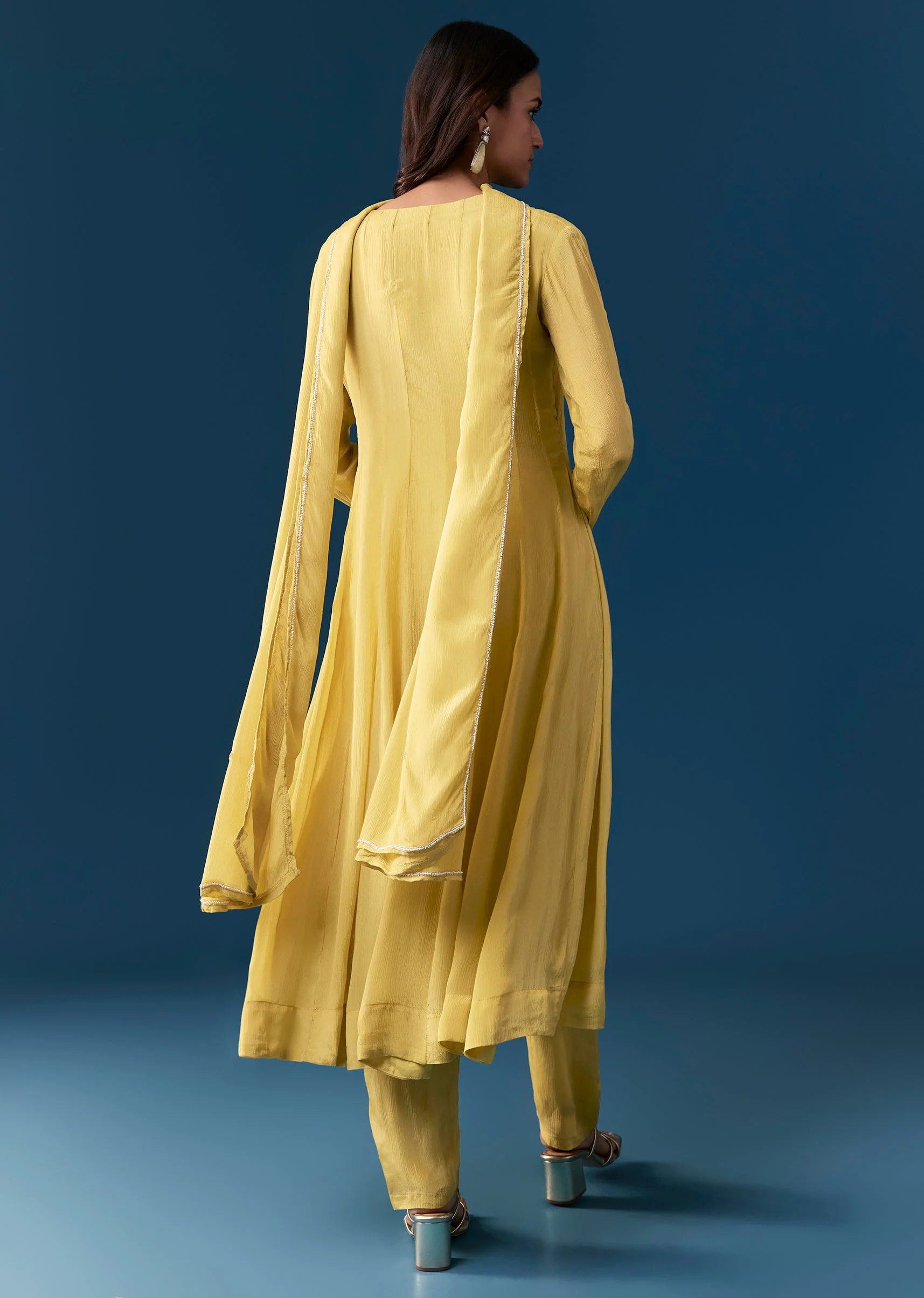 Yellow Chinon Anarkali Set With Moti And Cut Dana Work - Image 5