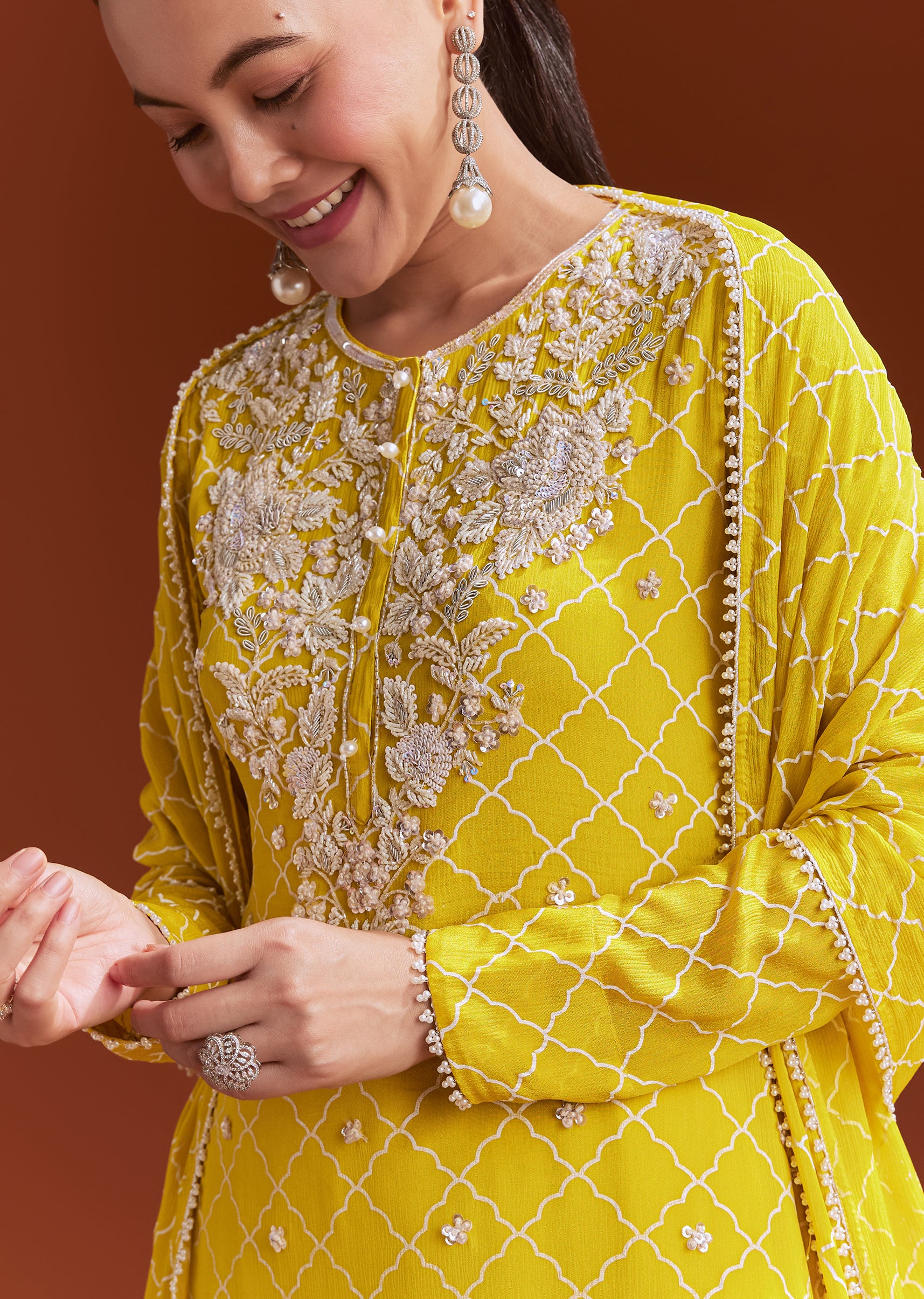 Yellow Chinon Sharara Set With Cutdana And Sequins - Image 3