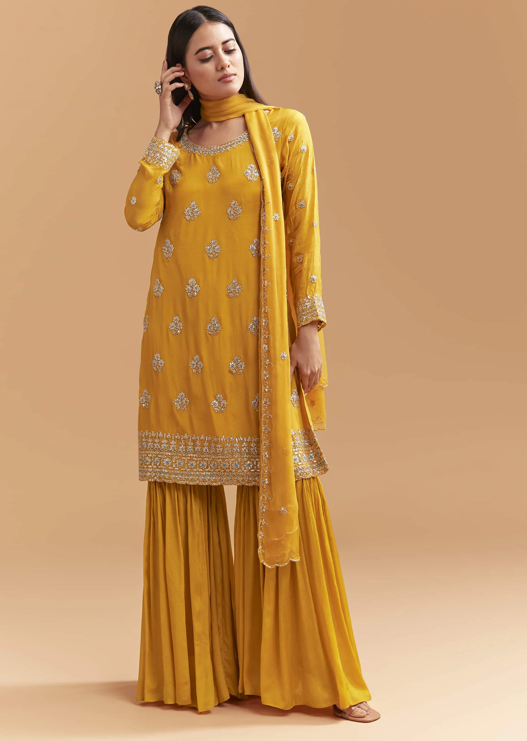 Yellow Chinon Sharara Suit With Intricate Cutdana Work - Image 3