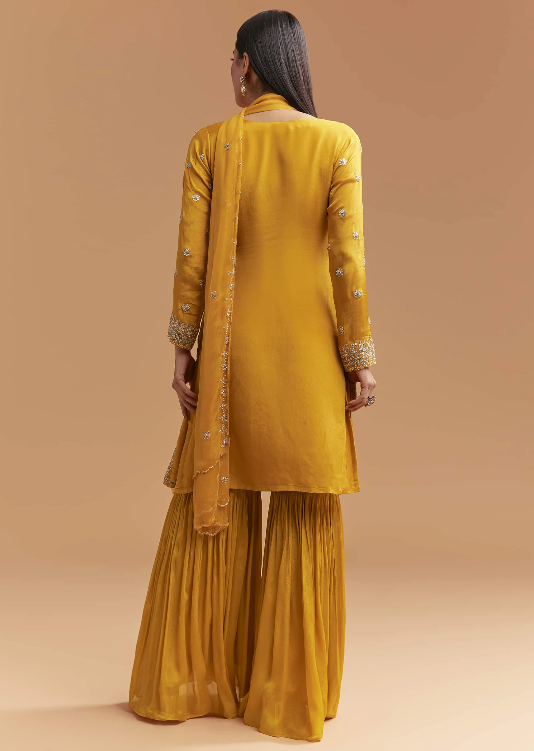 Yellow Chinon Sharara Suit With Intricate Cutdana Work - Image 5