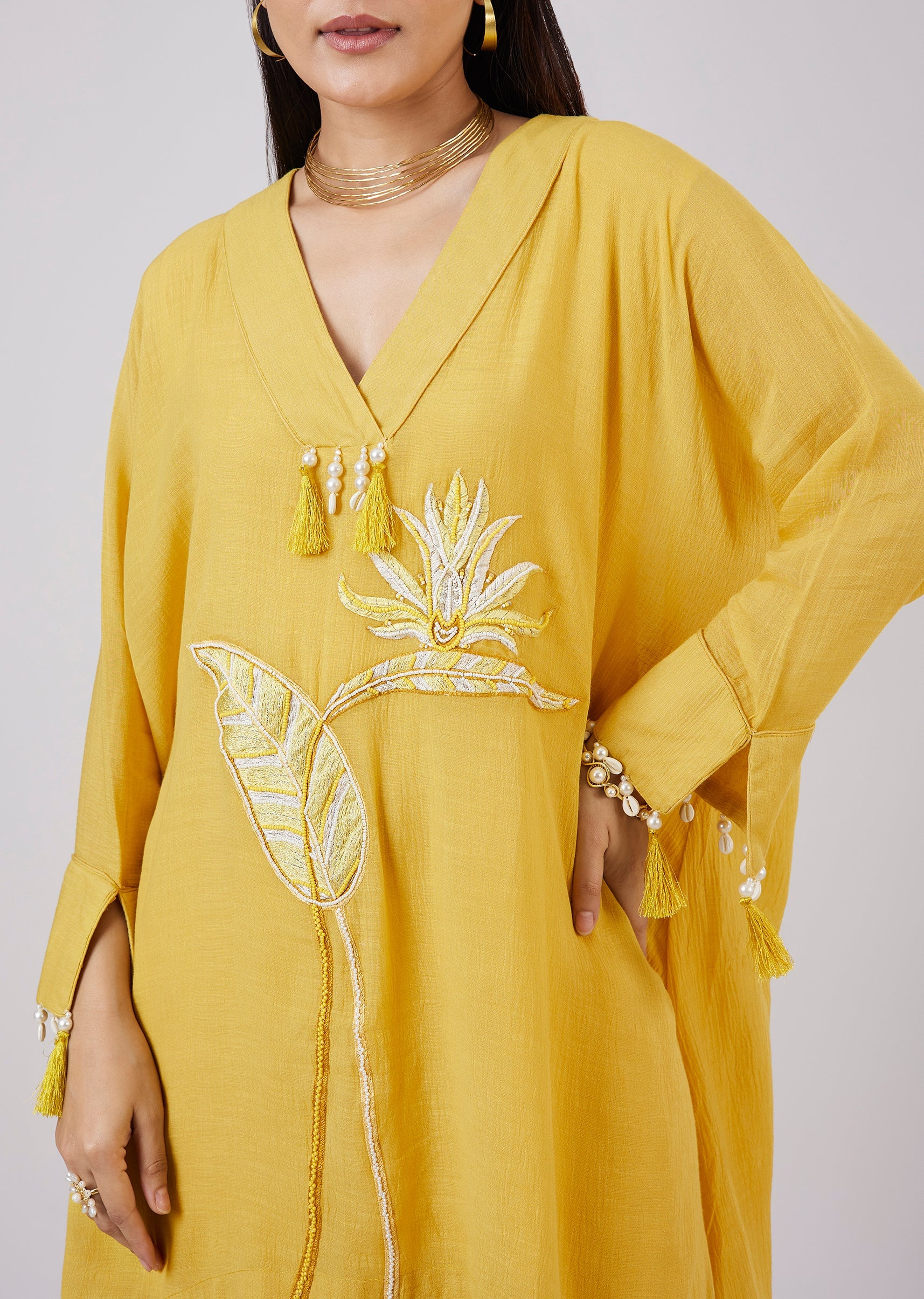 Yellow Cotton Indo Western Coord Set With Resham Work - Image 2