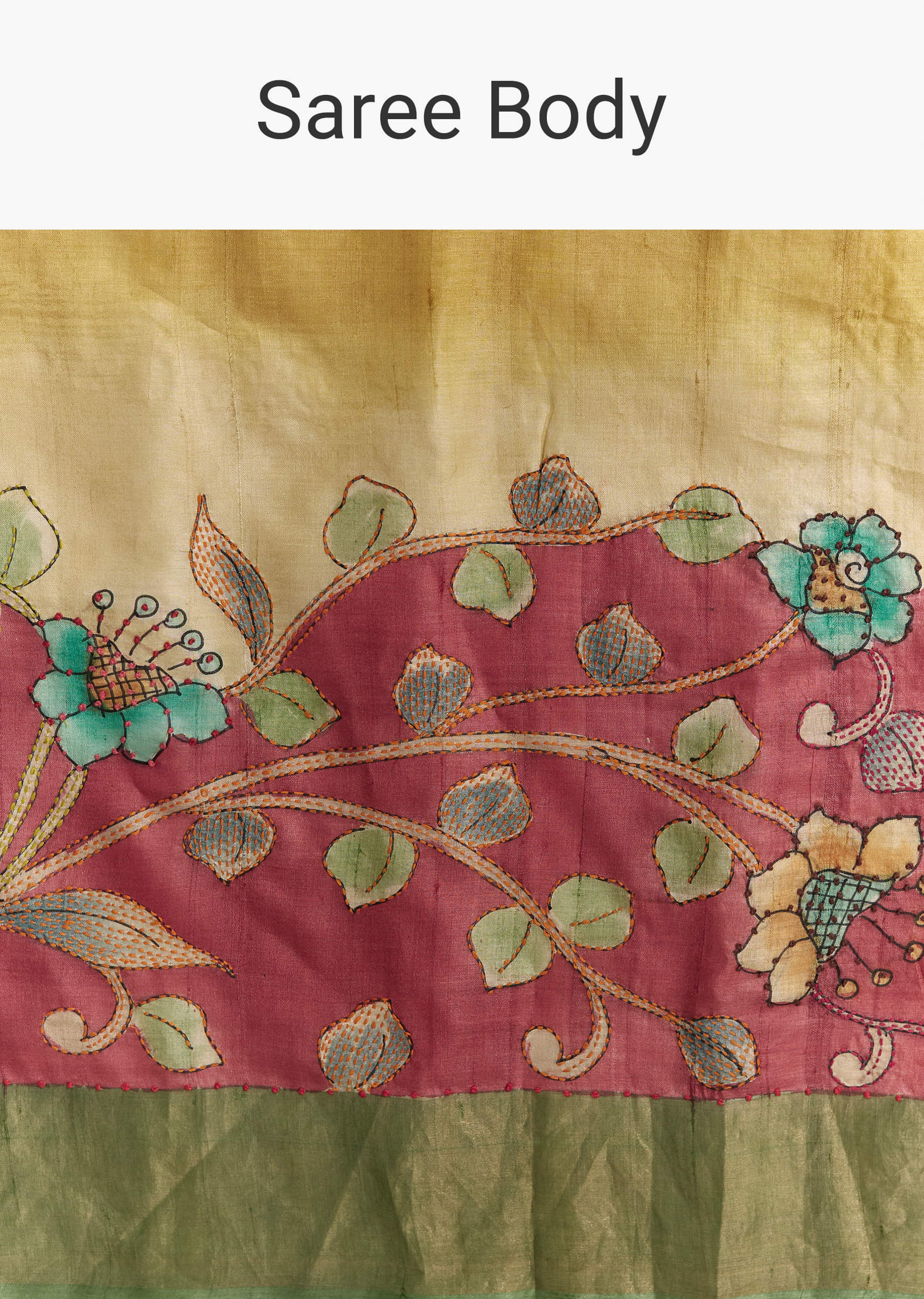 Yellow Cotton Saree With Hand Painted Motifs And Green Border - Image 9