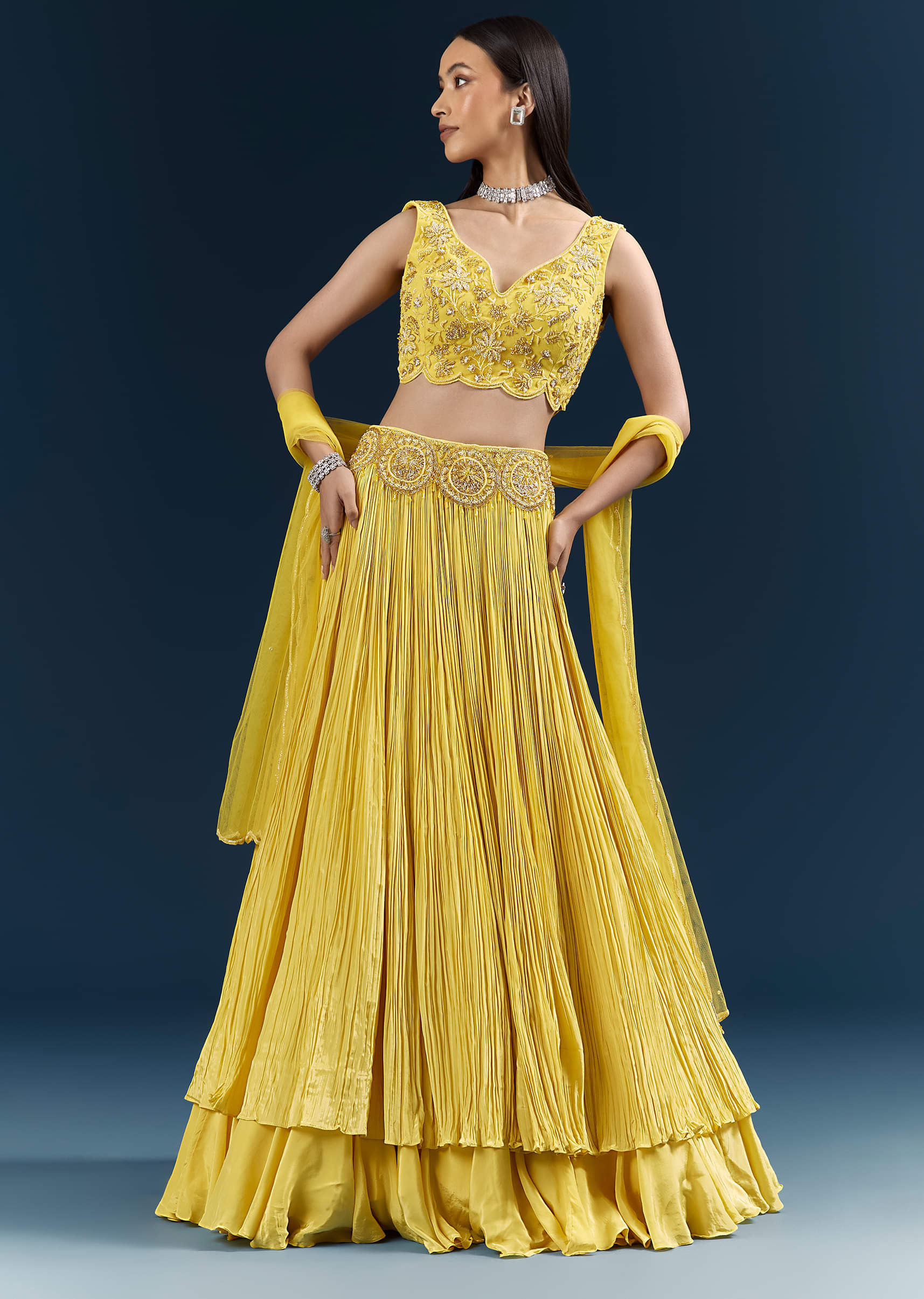 Yellow Crepe Bridesmaid Lehenga With Heavy Embroidery - Image 4