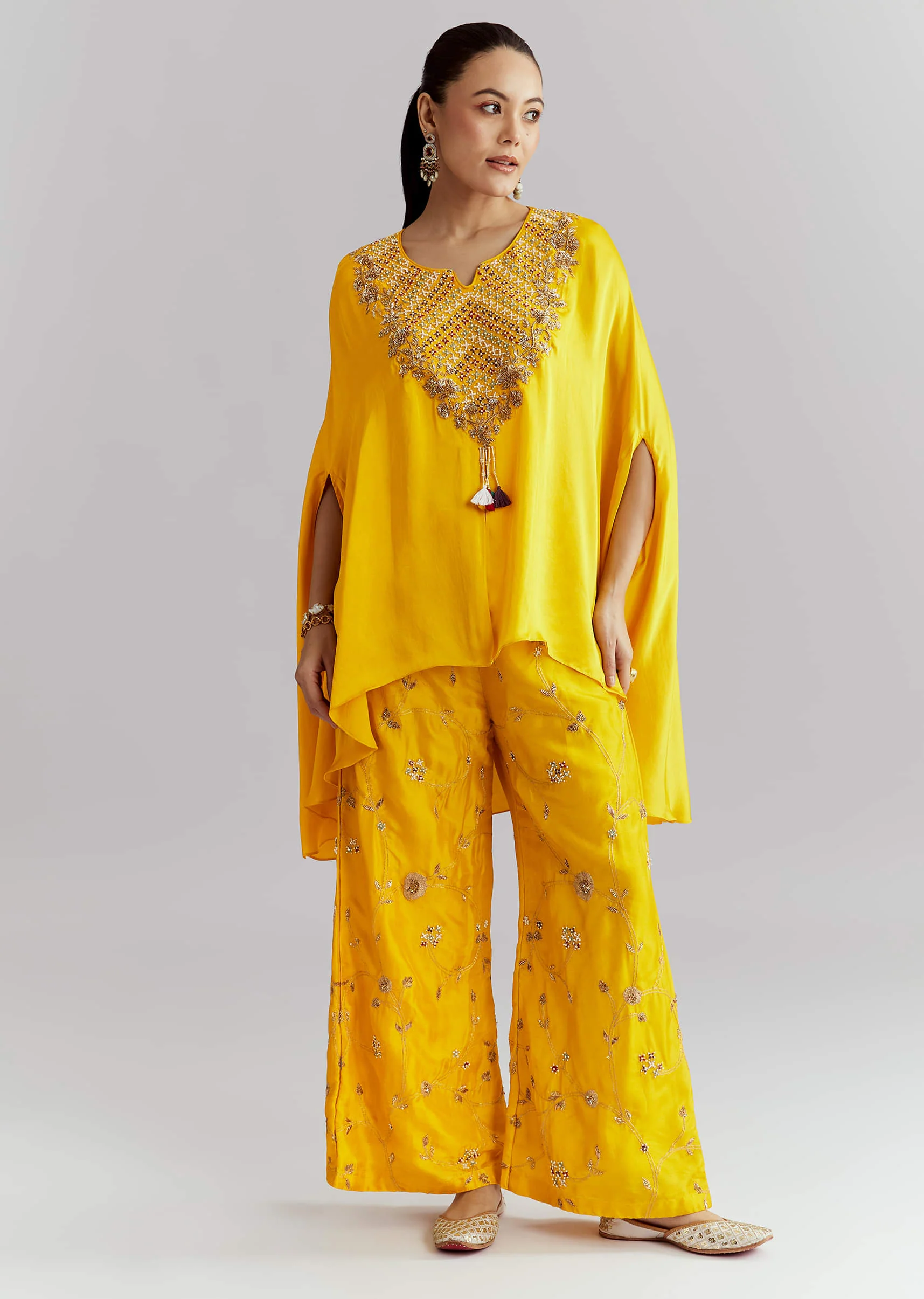 Yellow Crepe Indo Western Set With Heavy Hand Embroidery