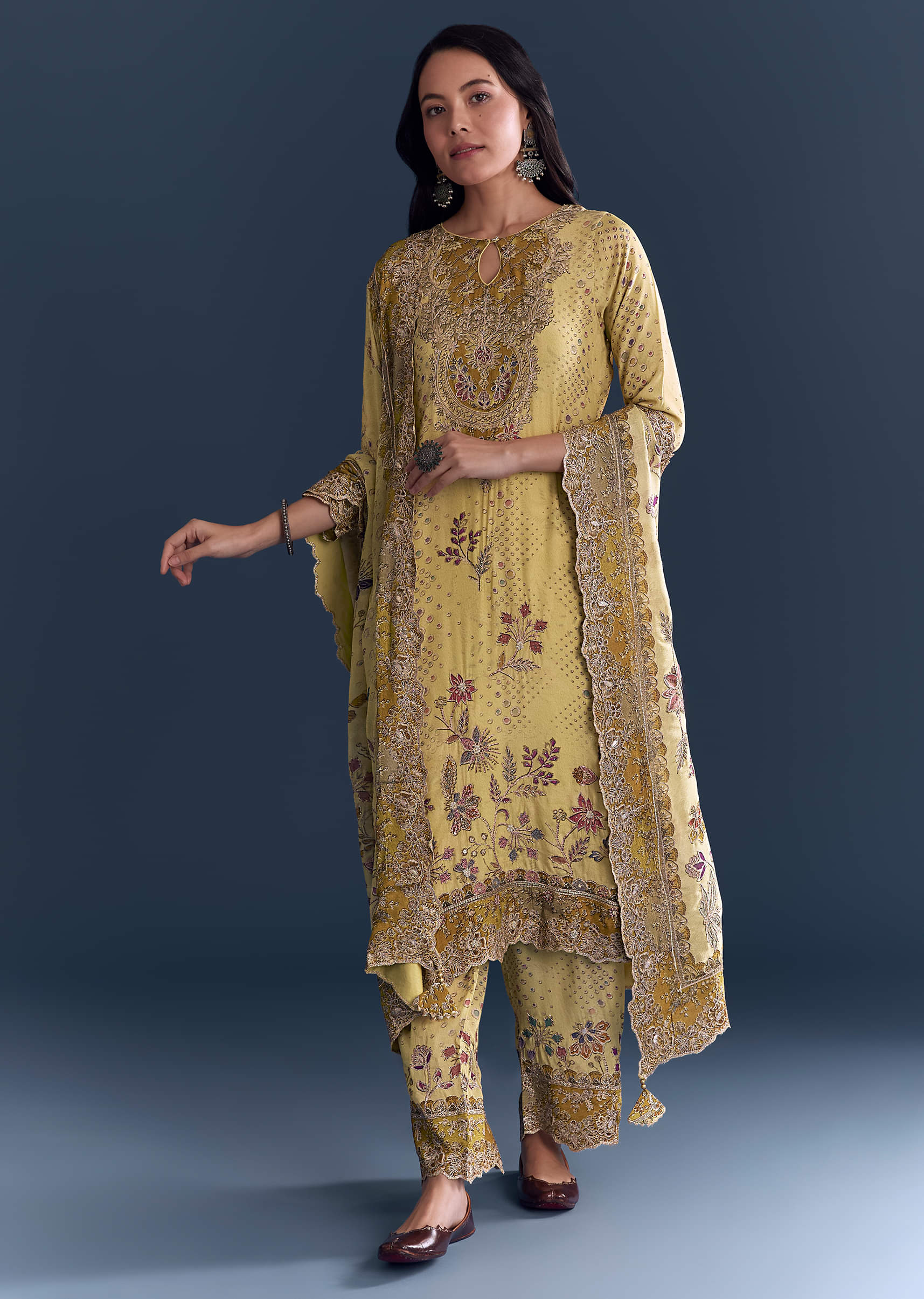 Yellow Crepe Kurta Set With Indie Print And Zari Work - Image 3