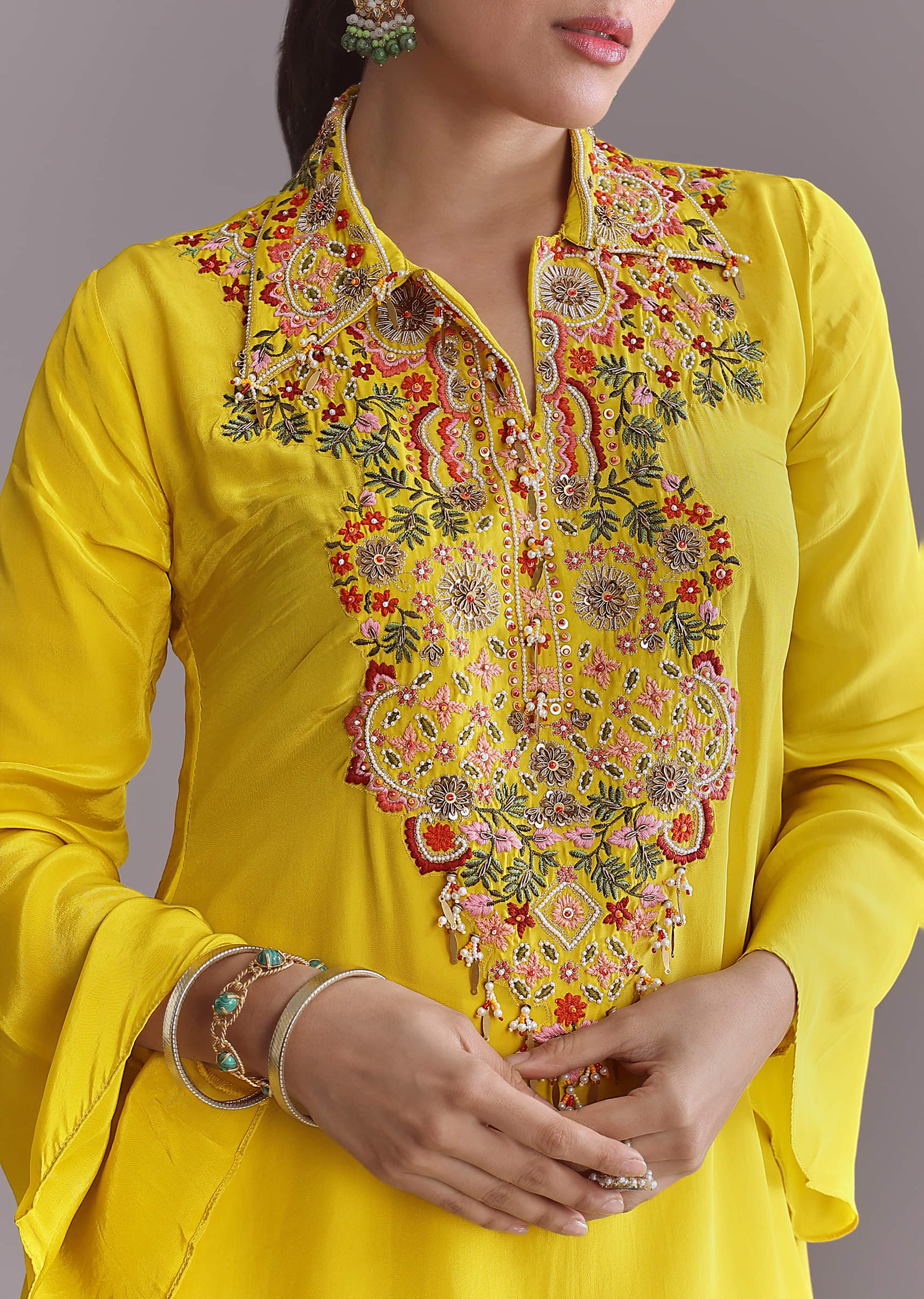 Yellow Crepe Palazzo Suit With Thread And Resham Work - Image 2
