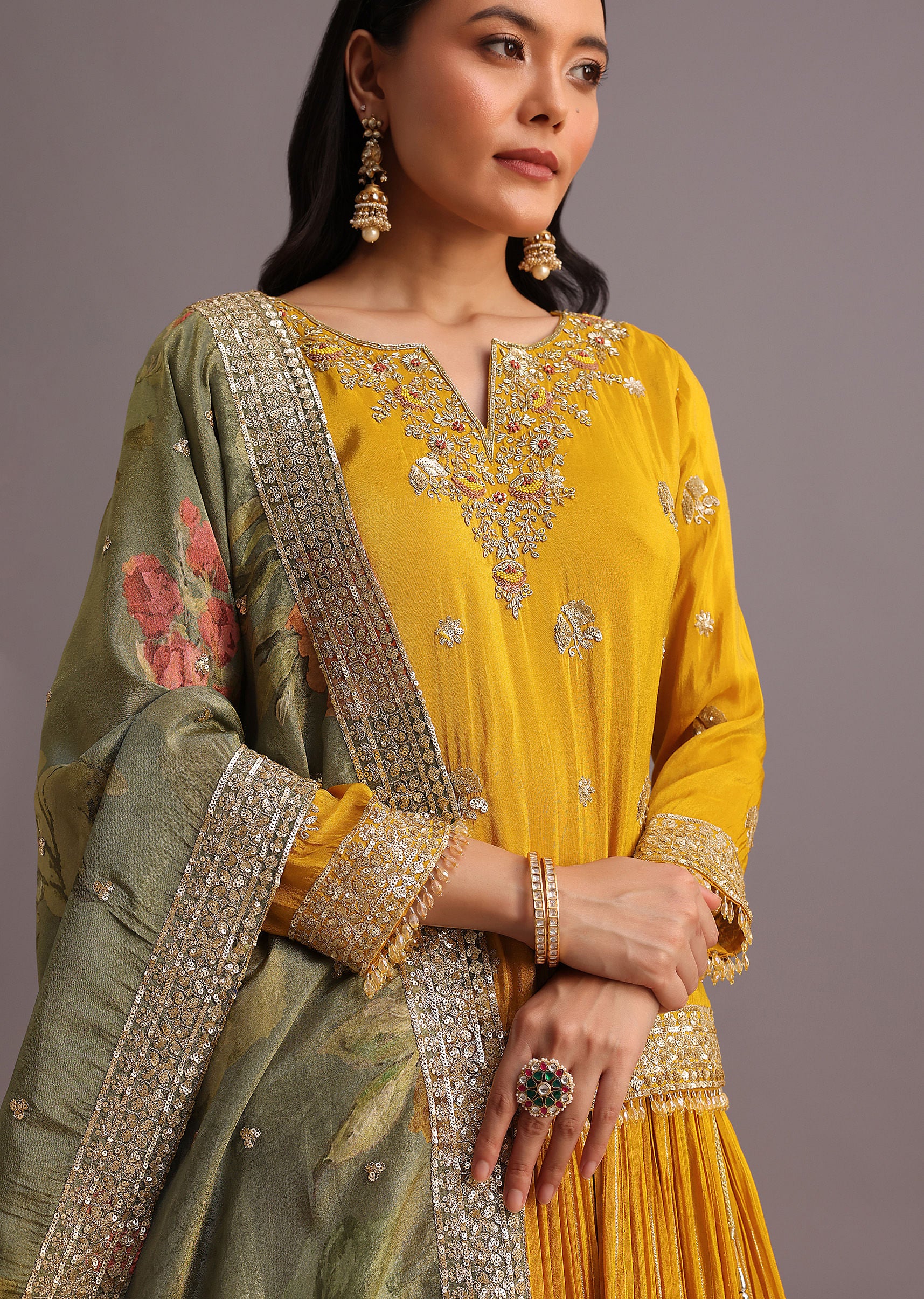 Yellow Embellished Kurta Lehenga With Printed Dupatta - Image 2