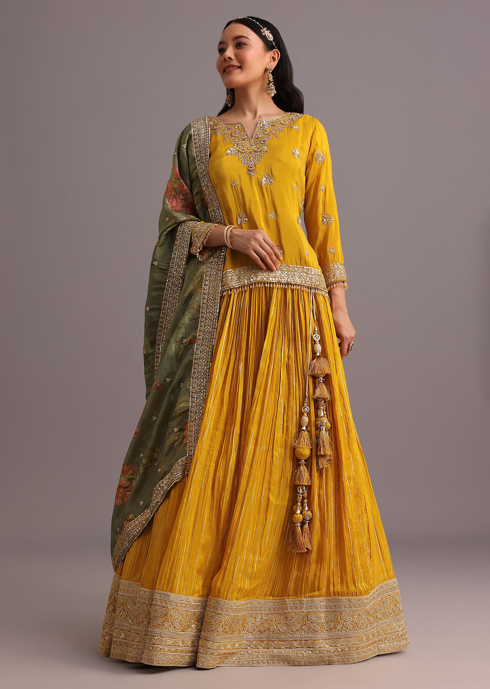 Yellow Embellished Kurta Lehenga With Printed Dupatta - Image 3