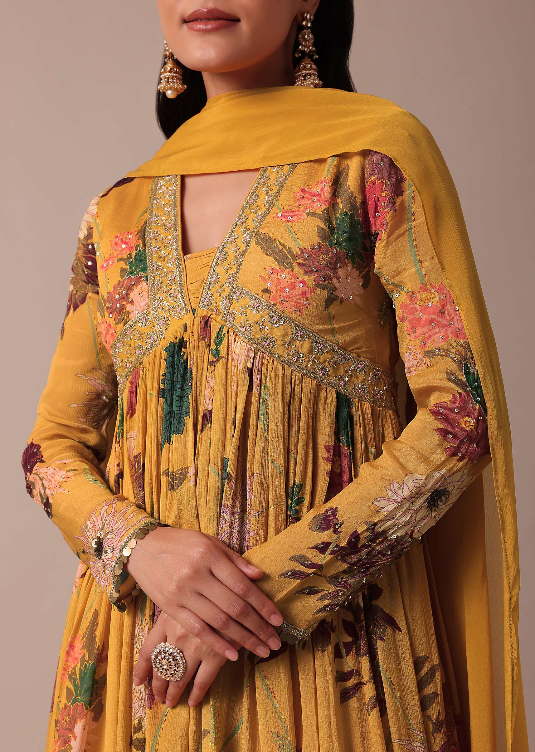 Yellow Embroidered Anarkali With Dupatta - Image 4