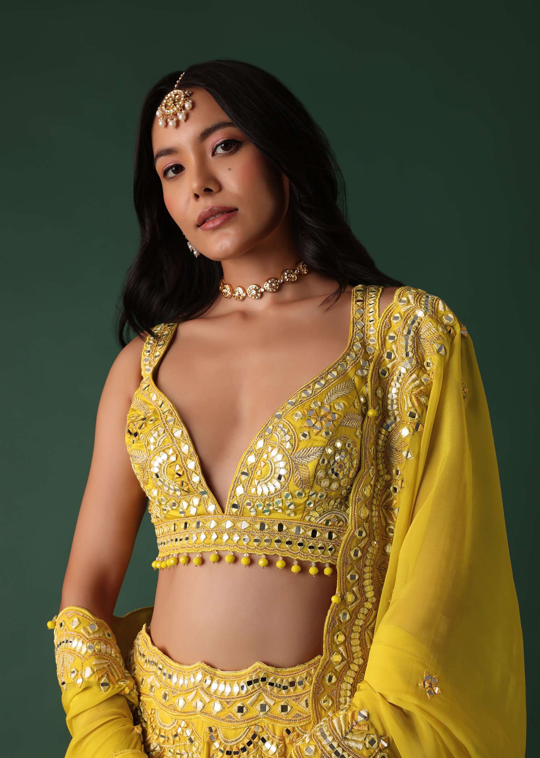 Yellow Embroidered Bridal Lehenga And Blouse Set With Mirror Work - Image 3