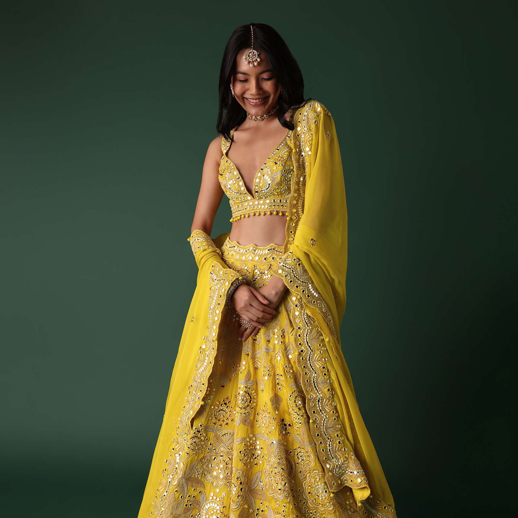 Yellow Embroidered Bridal Lehenga And Blouse Set With Mirror Work - Image 6