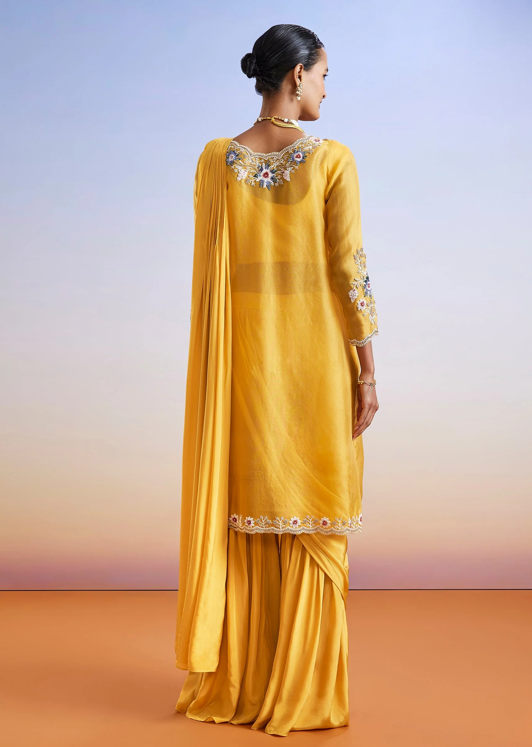 Yellow Embroidered Crop Top Sharara Set With Jacket - Image 5