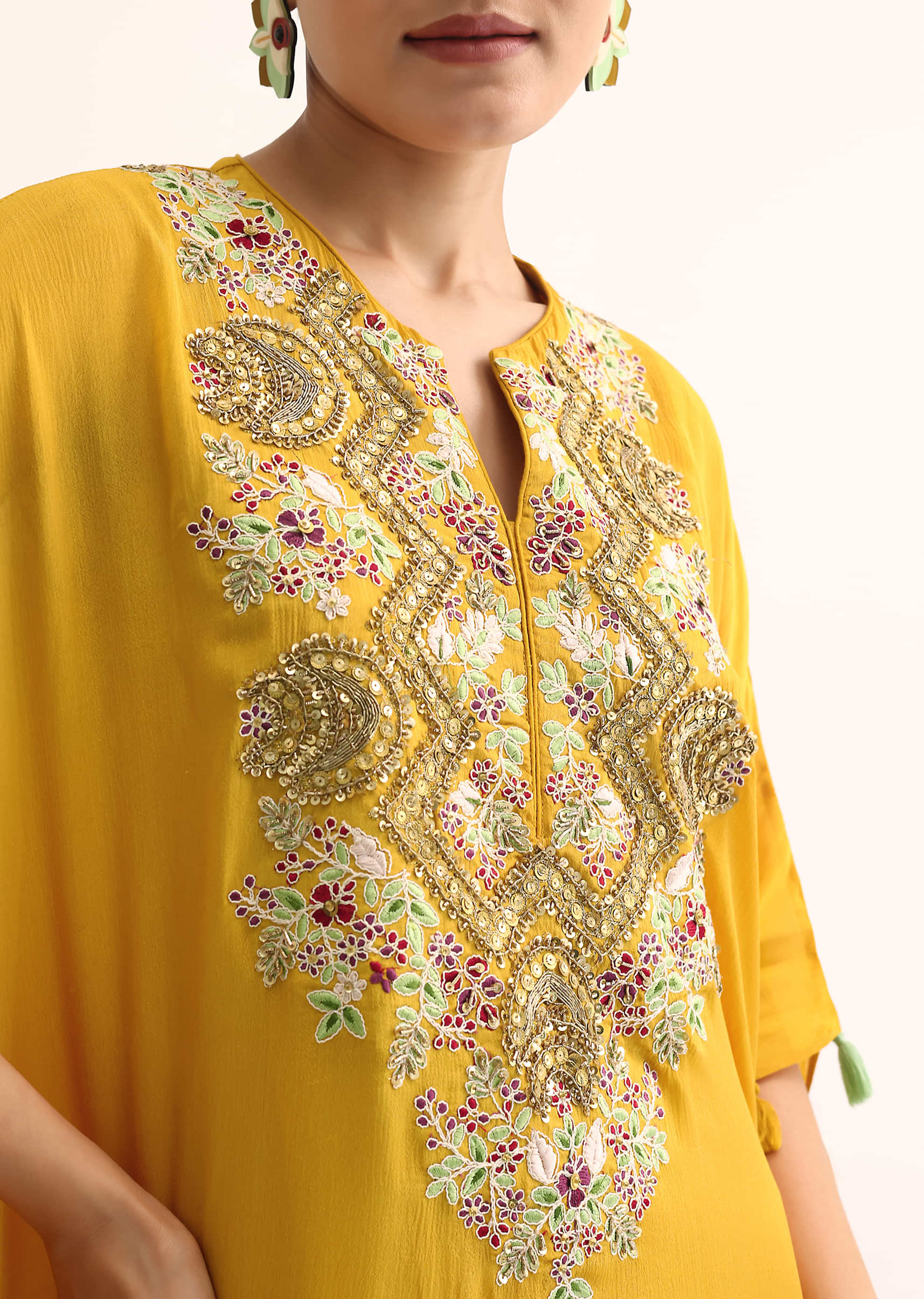 Yellow Embroidered Kaftan Kurta Set - Image 2