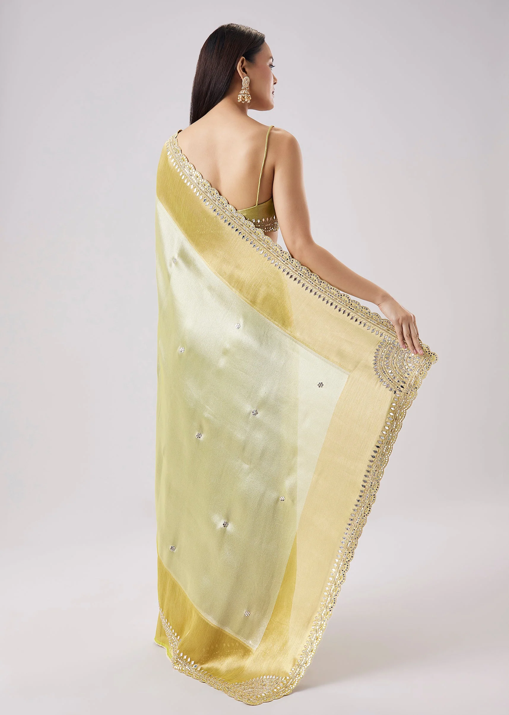 Yellow Embroidered Saree With Unstitched Blouse - Image 4