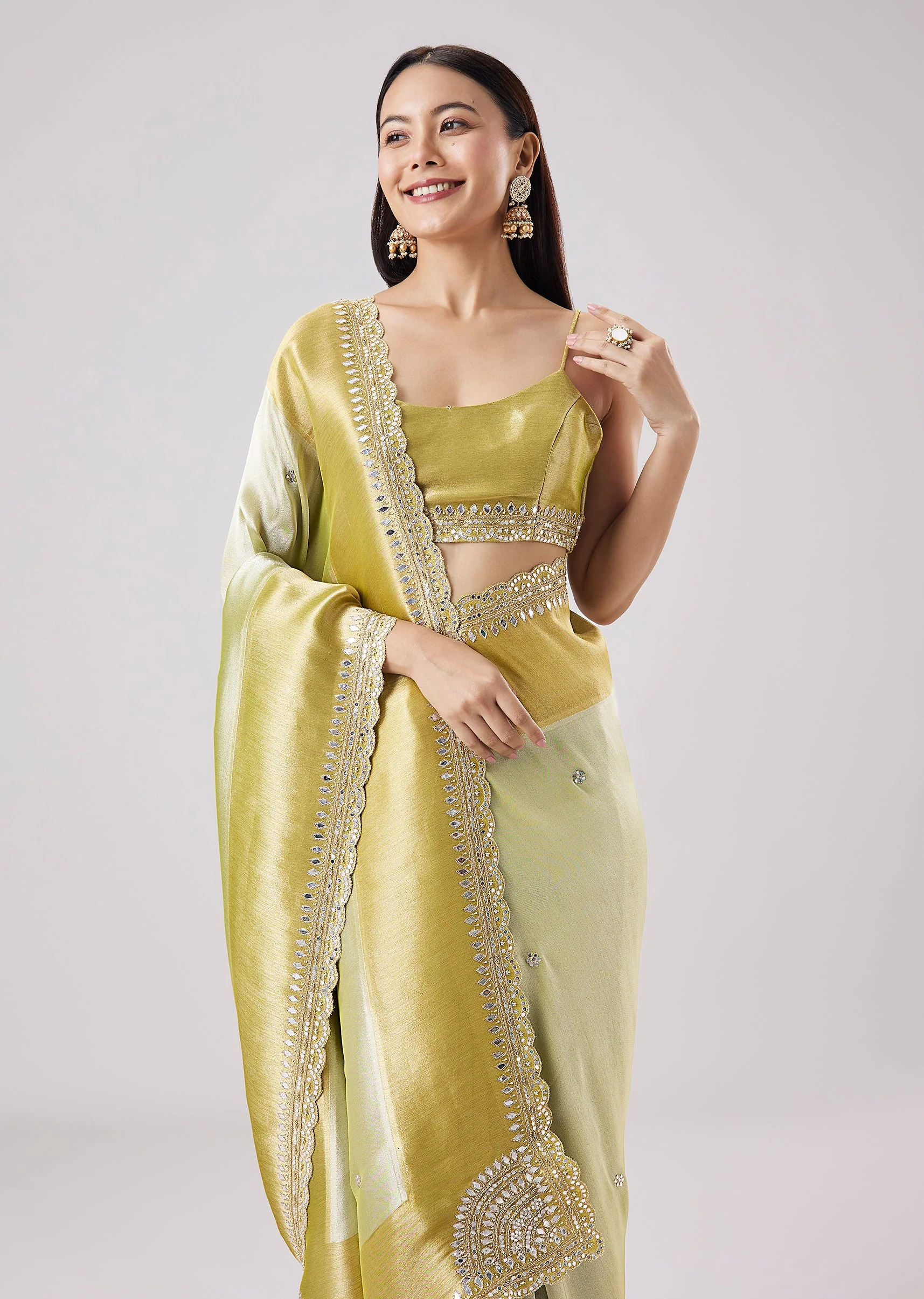 Yellow Embroidered Saree With Unstitched Blouse - Image 5