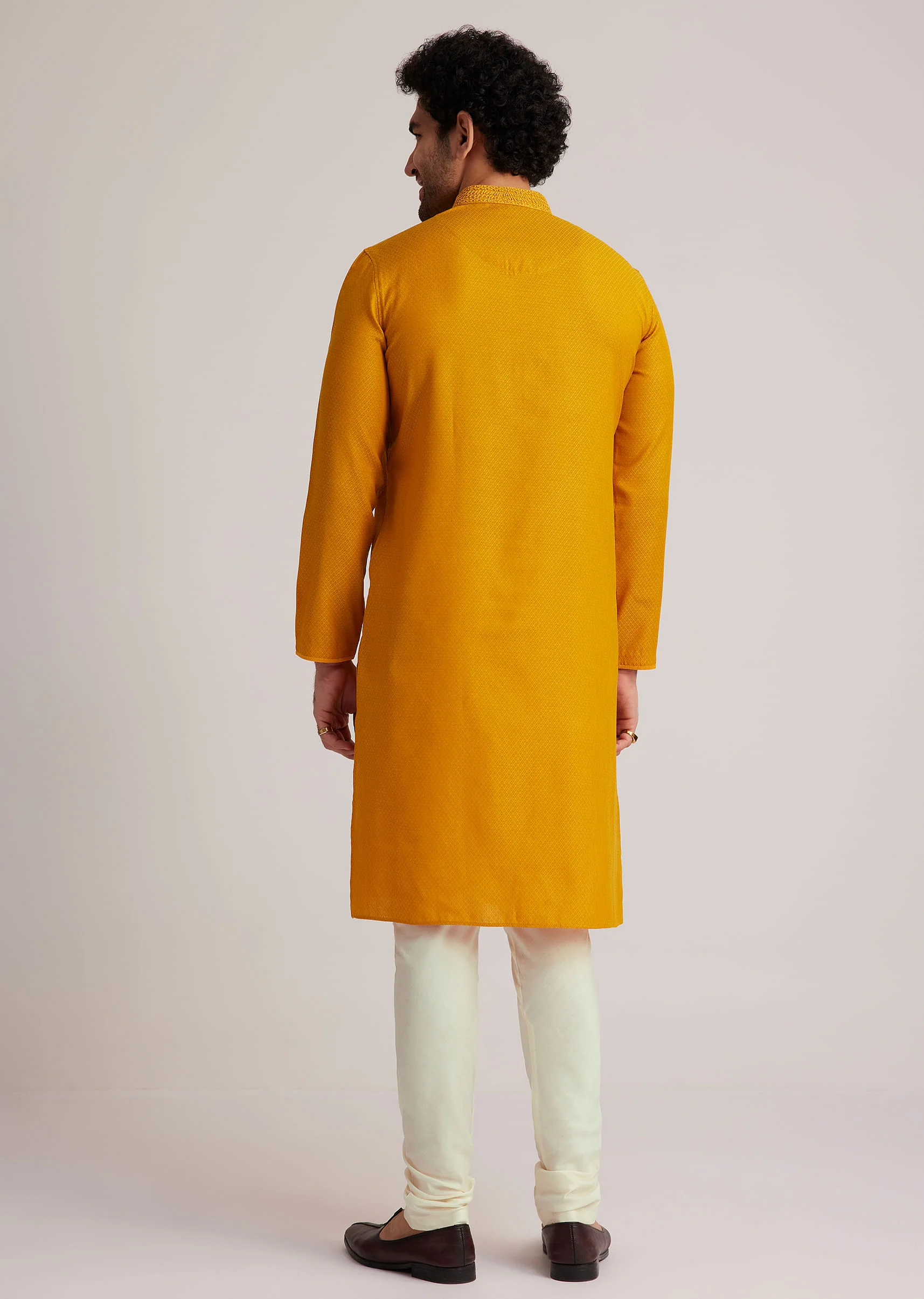 Yellow Embroidered Silk Kurta Set - Image 5