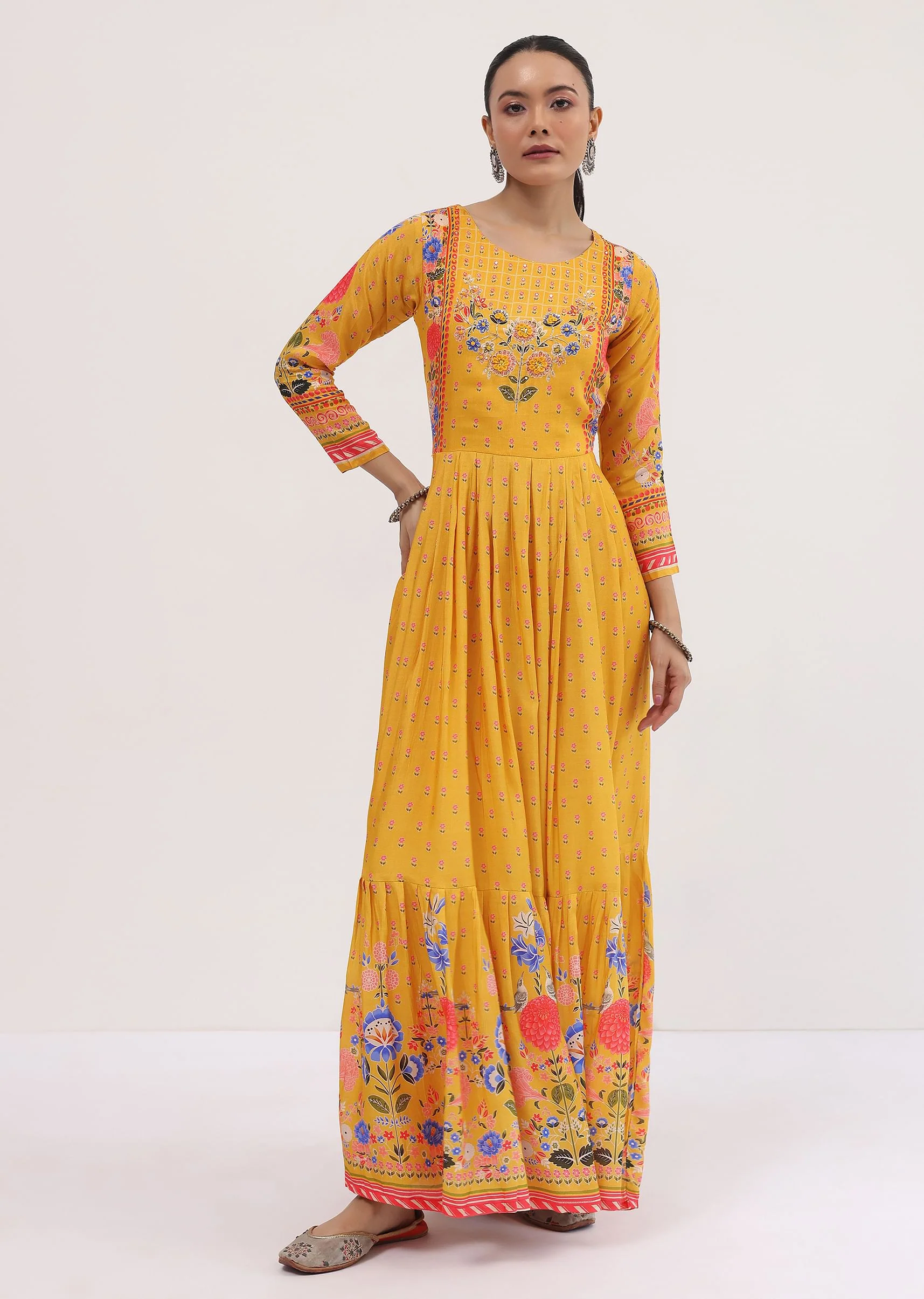 Yellow Embroidered Silk Long Kurti - Image 3