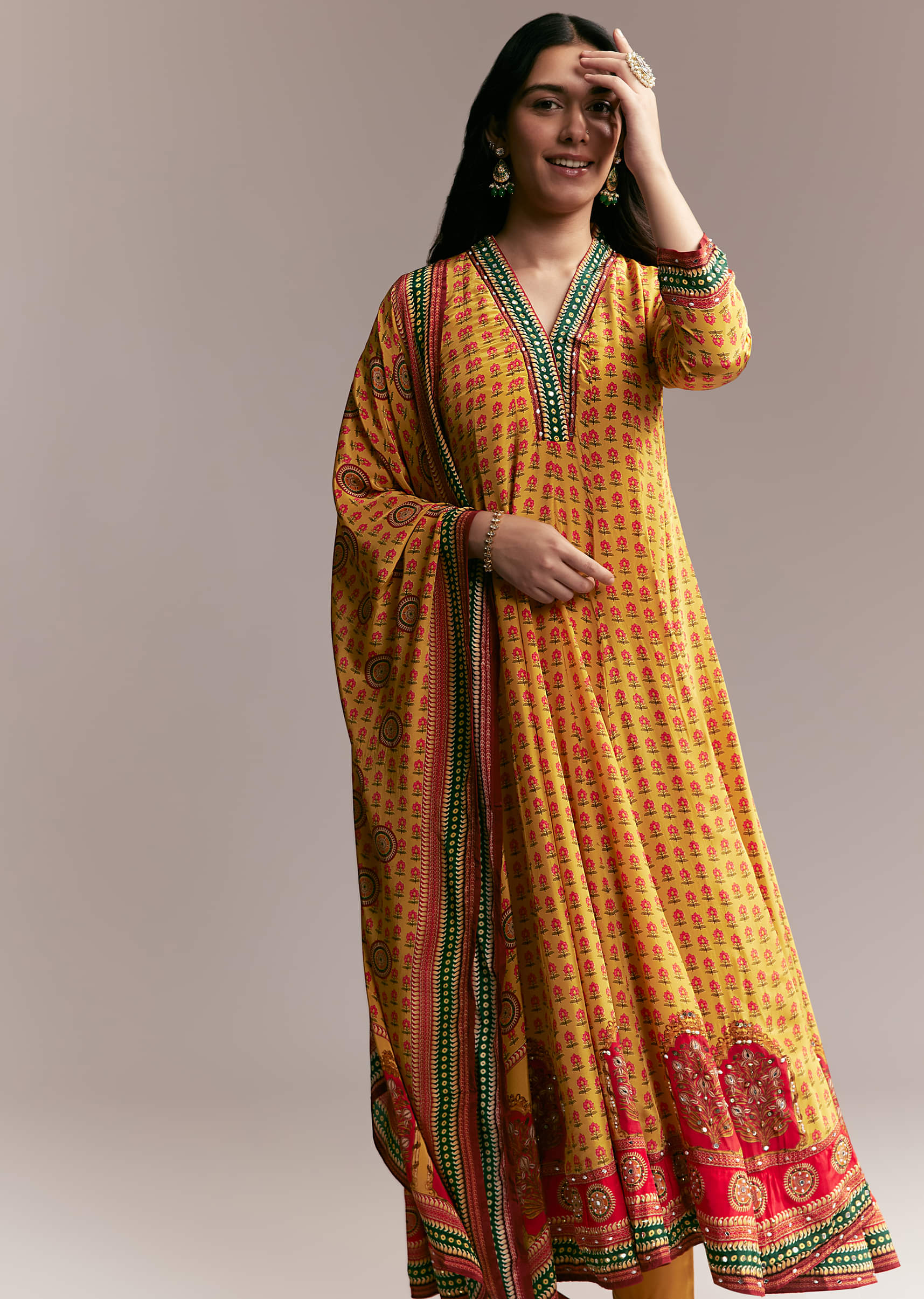 Yellow Floral Printed Anarkali Set - Image 4