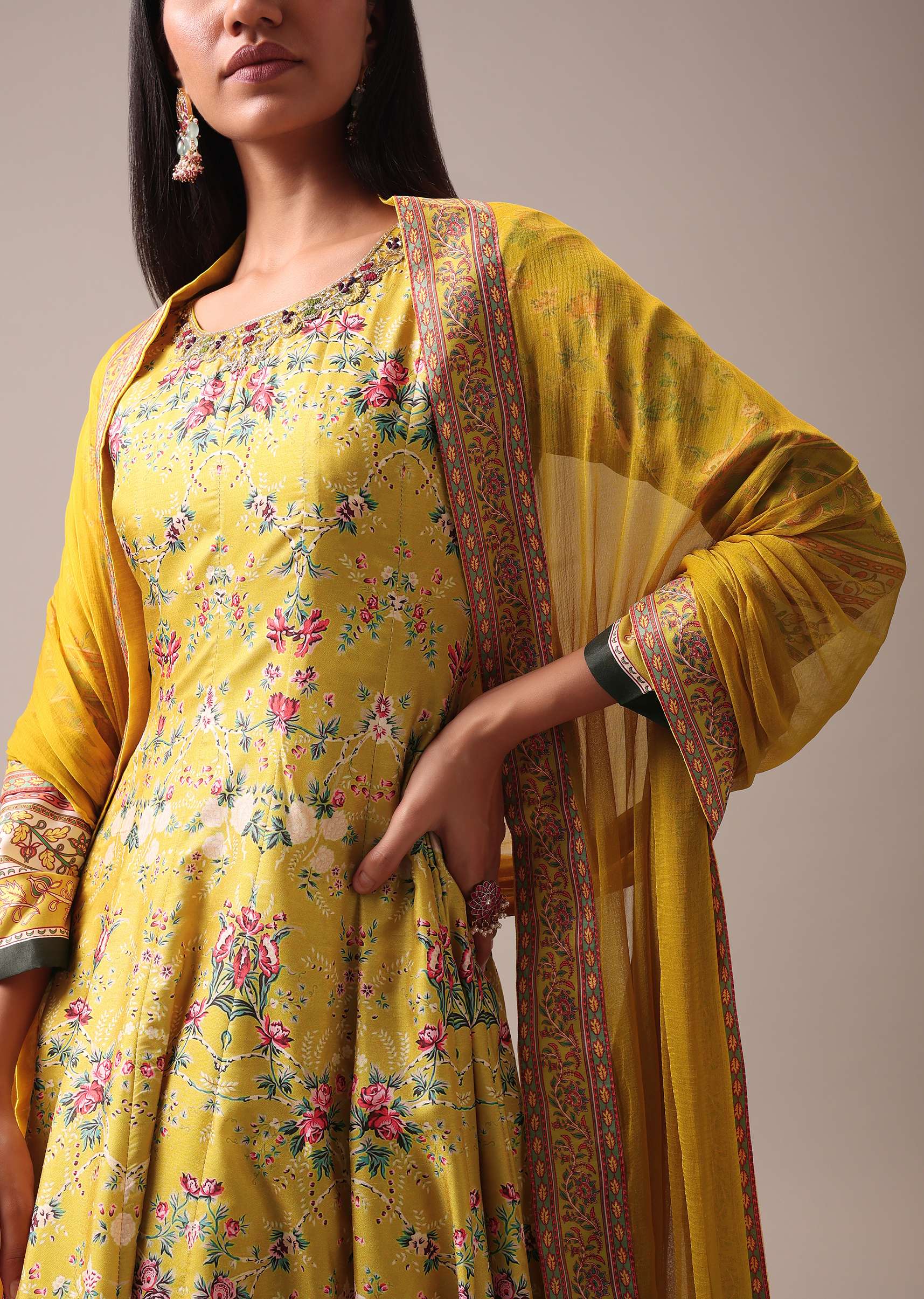 Yellow Floral Printed Anarkali Suit Set In Silk - Image 2