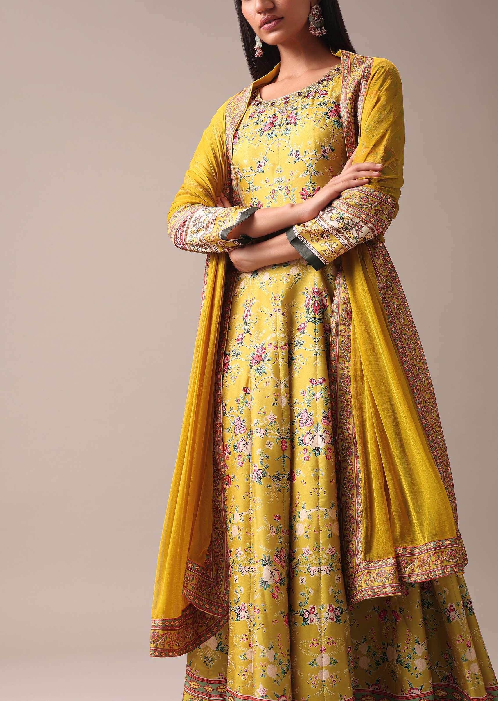 Yellow Floral Printed Anarkali Suit Set In Silk - Image 4