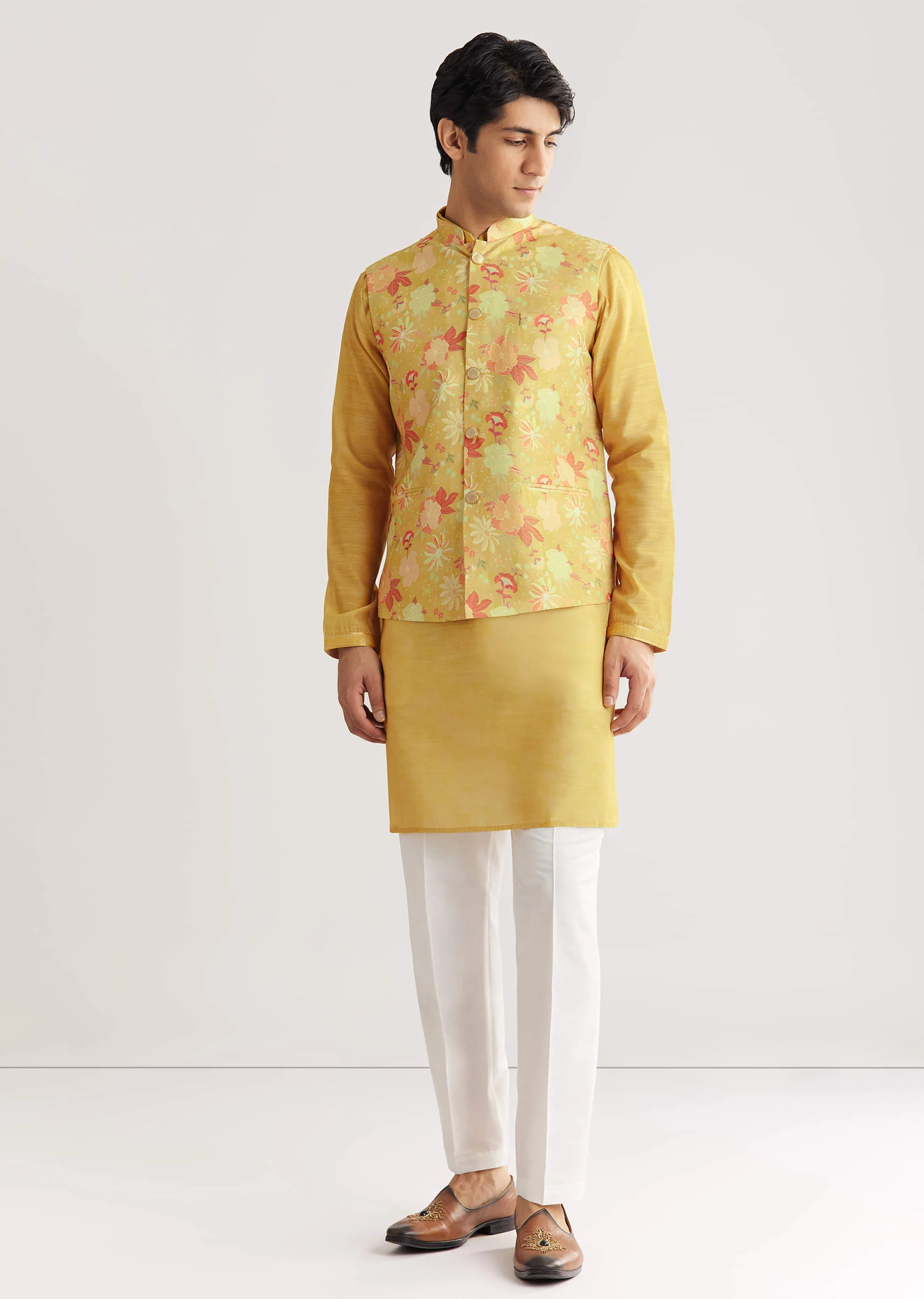 Yellow Floral Printed Jacket Kurta Set - Image 4