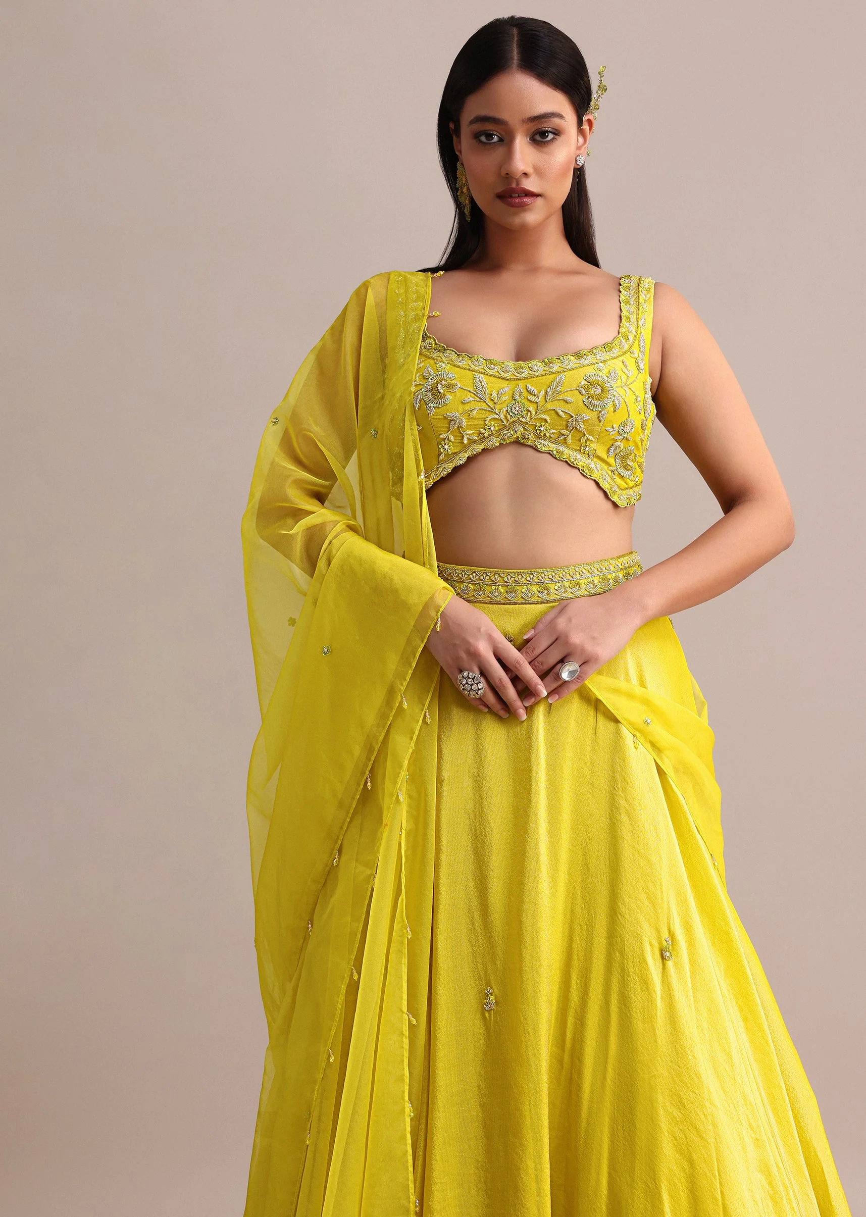 Yellow Garwal Tissue Double Circular Lehenga With Embroidered Blouse And Dupatta - Image 4